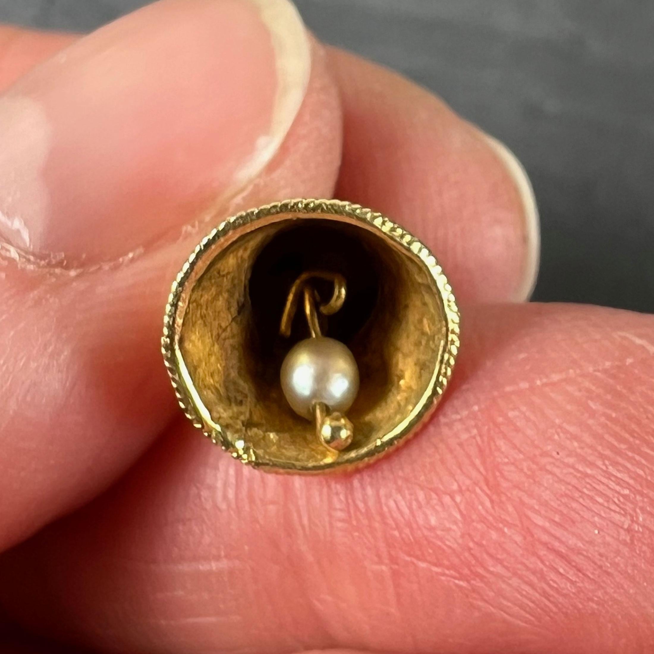 Vintage Ringing Wedding Bell 18K Yellow Gold Pearl Charm Pendant For Sale 4