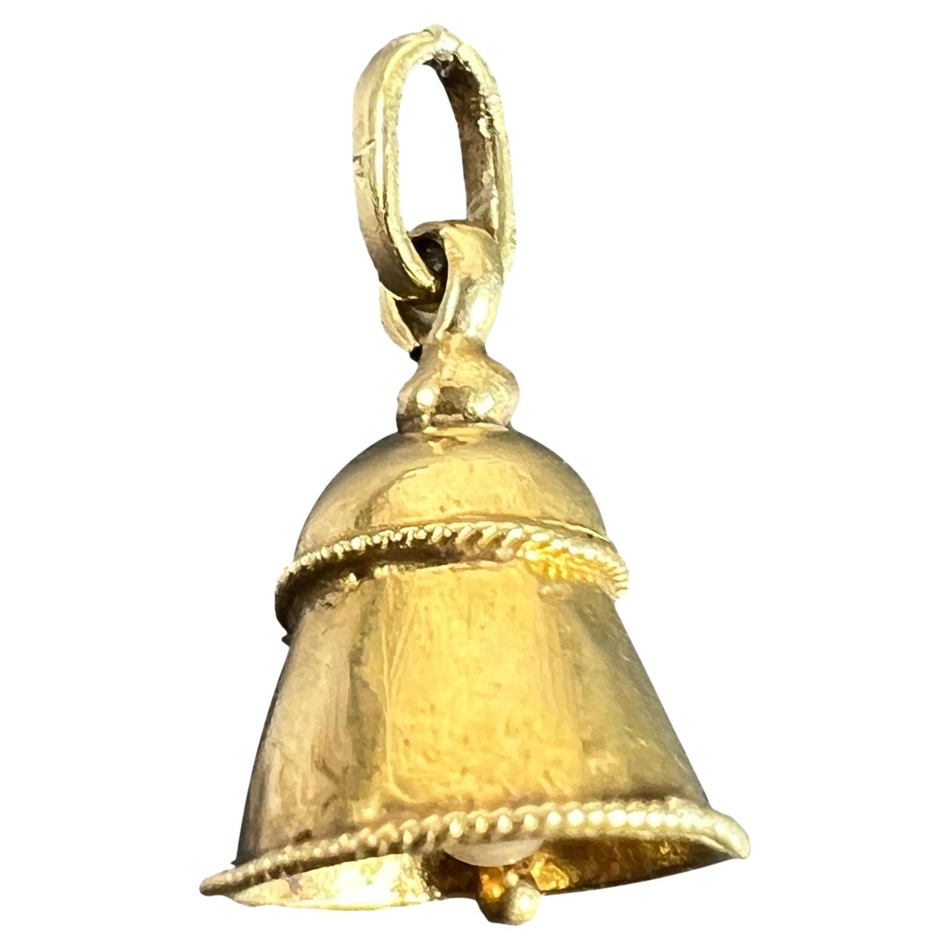 Vintage Ringing Wedding Bell 18K Yellow Gold Pearl Charm Pendant