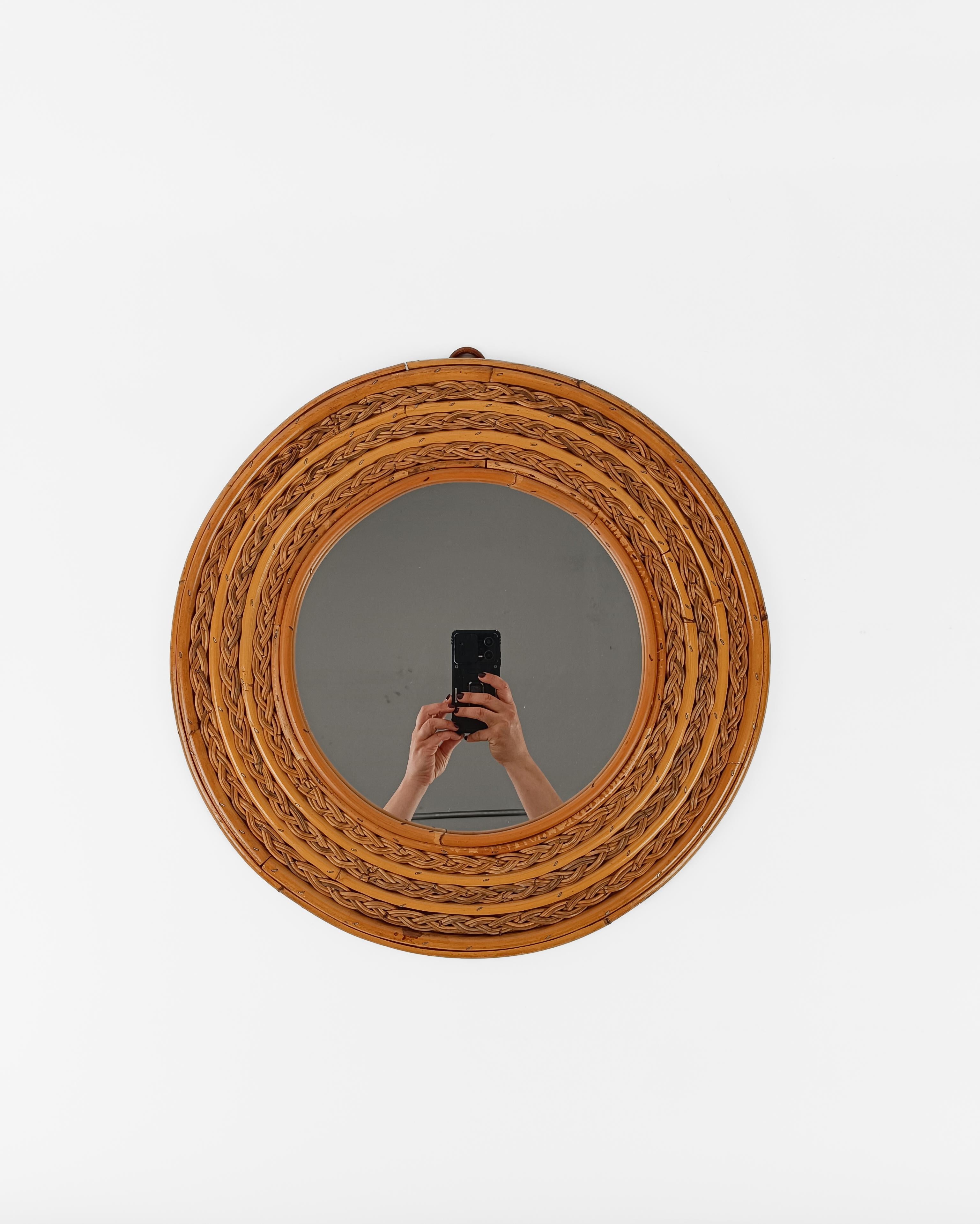Italiano Specchio rotondo Riviera d'epoca con canne curve e intrecci in rattan, Italia anni '70 in vendita