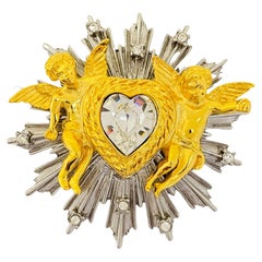 Vintage RJ GRAZIANO gold silver rhinestone heart angels designer runway brooch