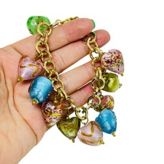 Vintage R.J. GRAZIANO gold tone chain art glass heart charms designer bracelet