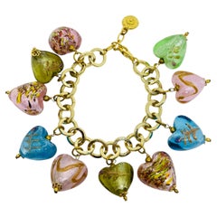 Vintage R.J. GRAZIANO gold tone chain art glass heart charms designer bracelet