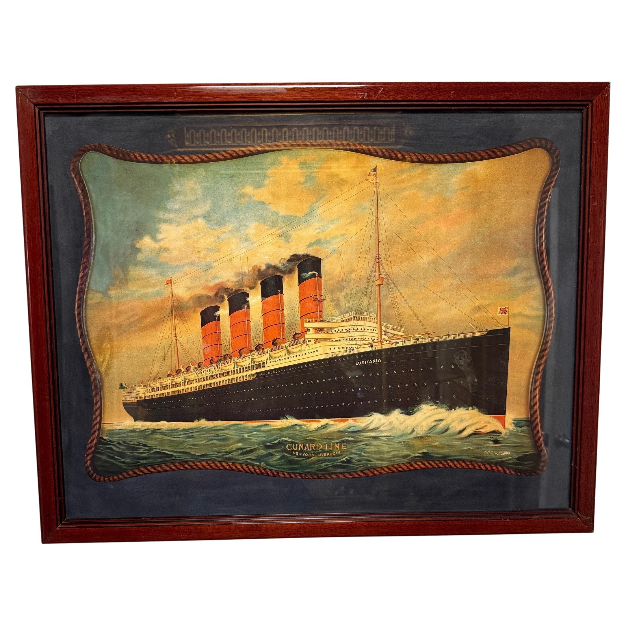 Vintage RMS Lusitania White Star Line gerahmter Druck von einem privaten Sammler, der seit über 40 Jahren Drucke von Ozeandampfern sammelt. Die Lusitania war ein britisches Passagierschiff, das der Cunard Line gehörte und 1906 vom Stapel lief. Sie