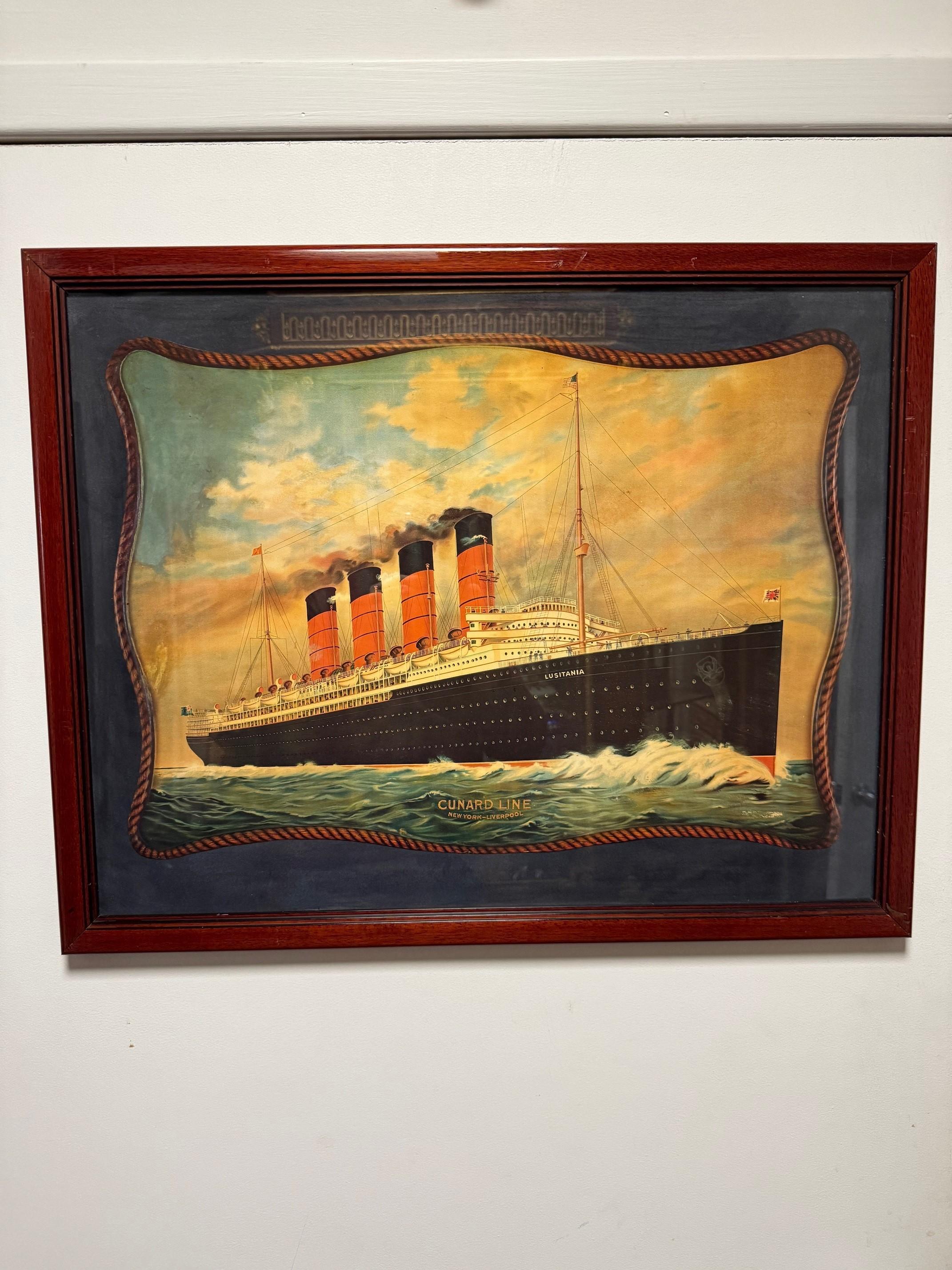 Vintage RMS Lusitania Weißer Star Line gerahmter Druck, Vintage im Zustand „Gut“ im Angebot in Stamford, CT