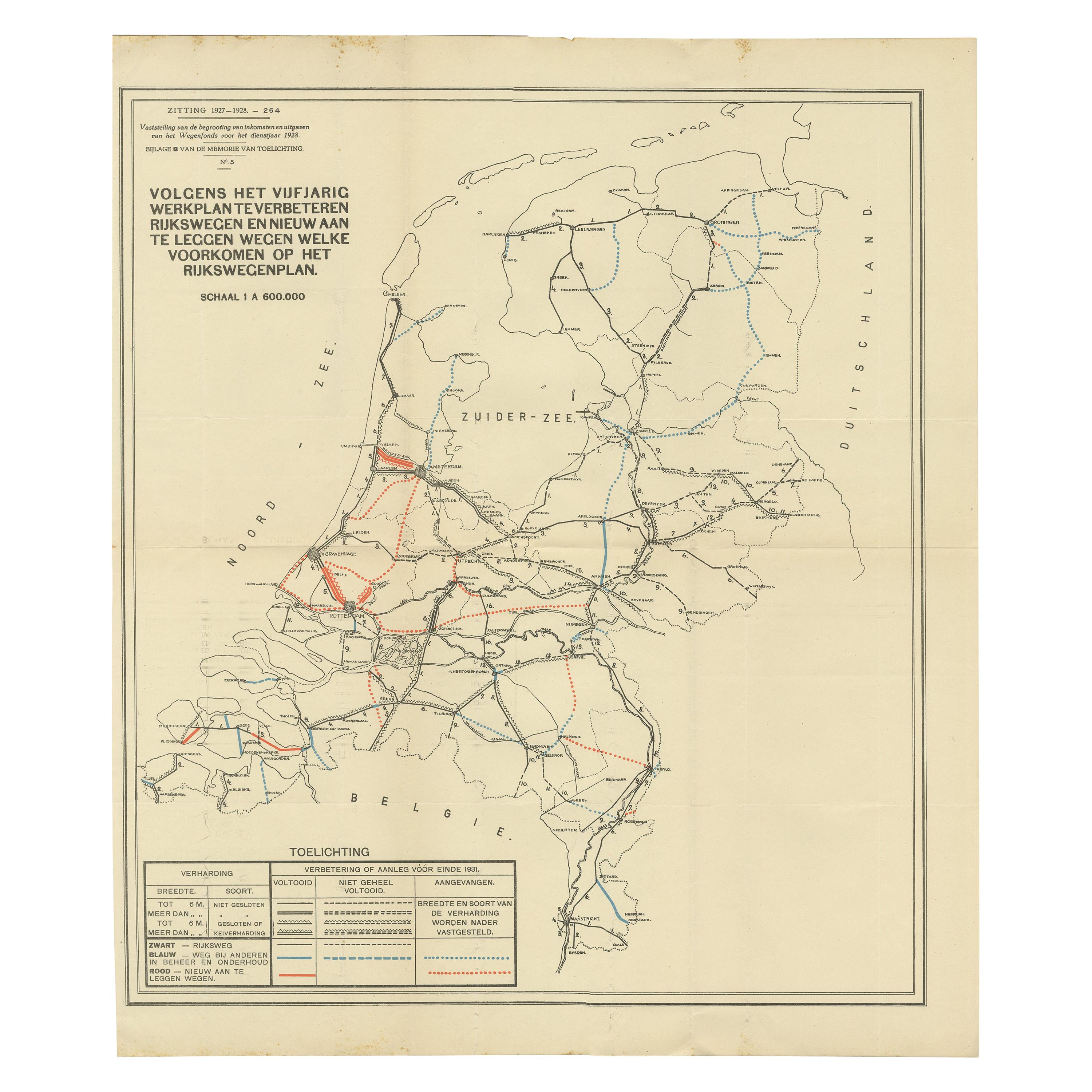 Vintage Road Map of the Netherlands '1928' For Sale