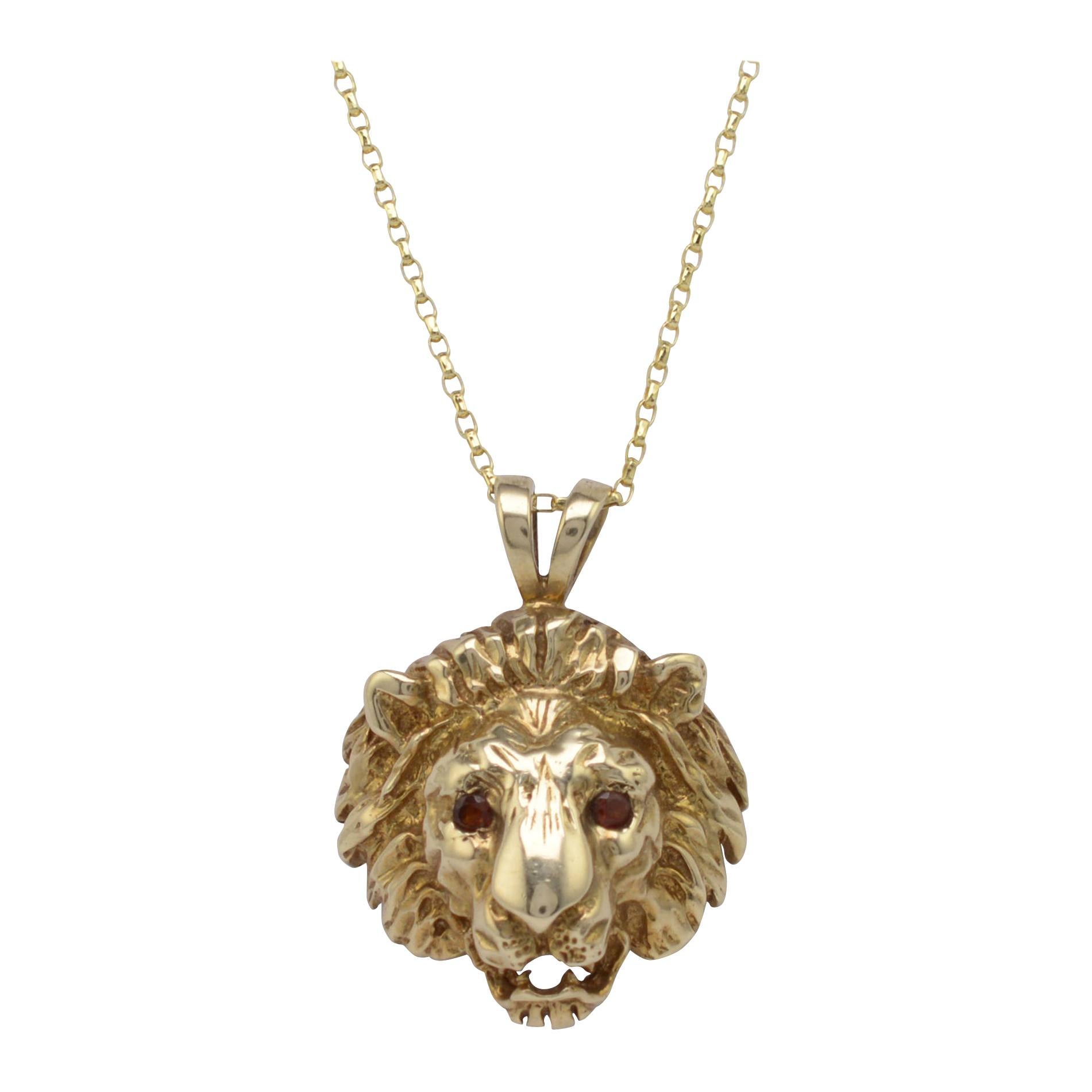 Solid Gold & Garnet Lion Pendant Necklace, Hallmarked Vintage 1970s  For Sale