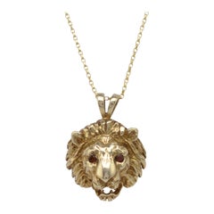 Solid Gold & Garnet Lion Pendant Necklace, Hallmarked Vintage 1970s 