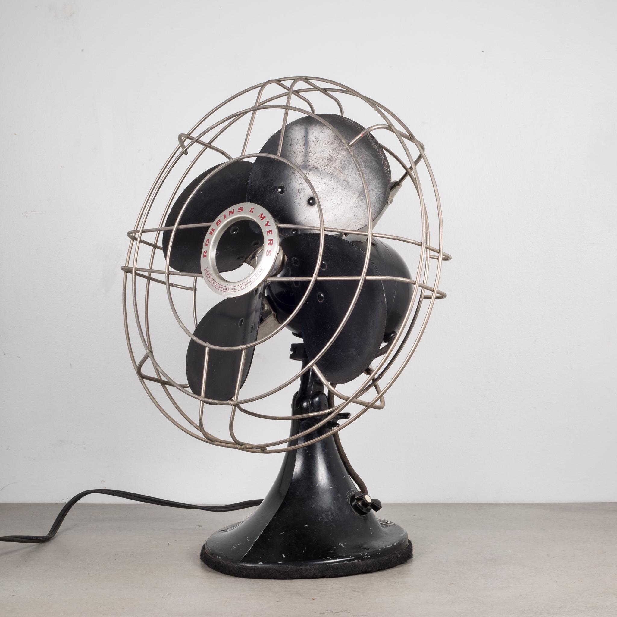 About

This is an original steel and metal Robbins & Myers oscillating fan with tilting head and three power settings. Rewired and in excellent working condition with quiet but powerful settings.

Creator: Robbins & Myers.
Date of manufacture: