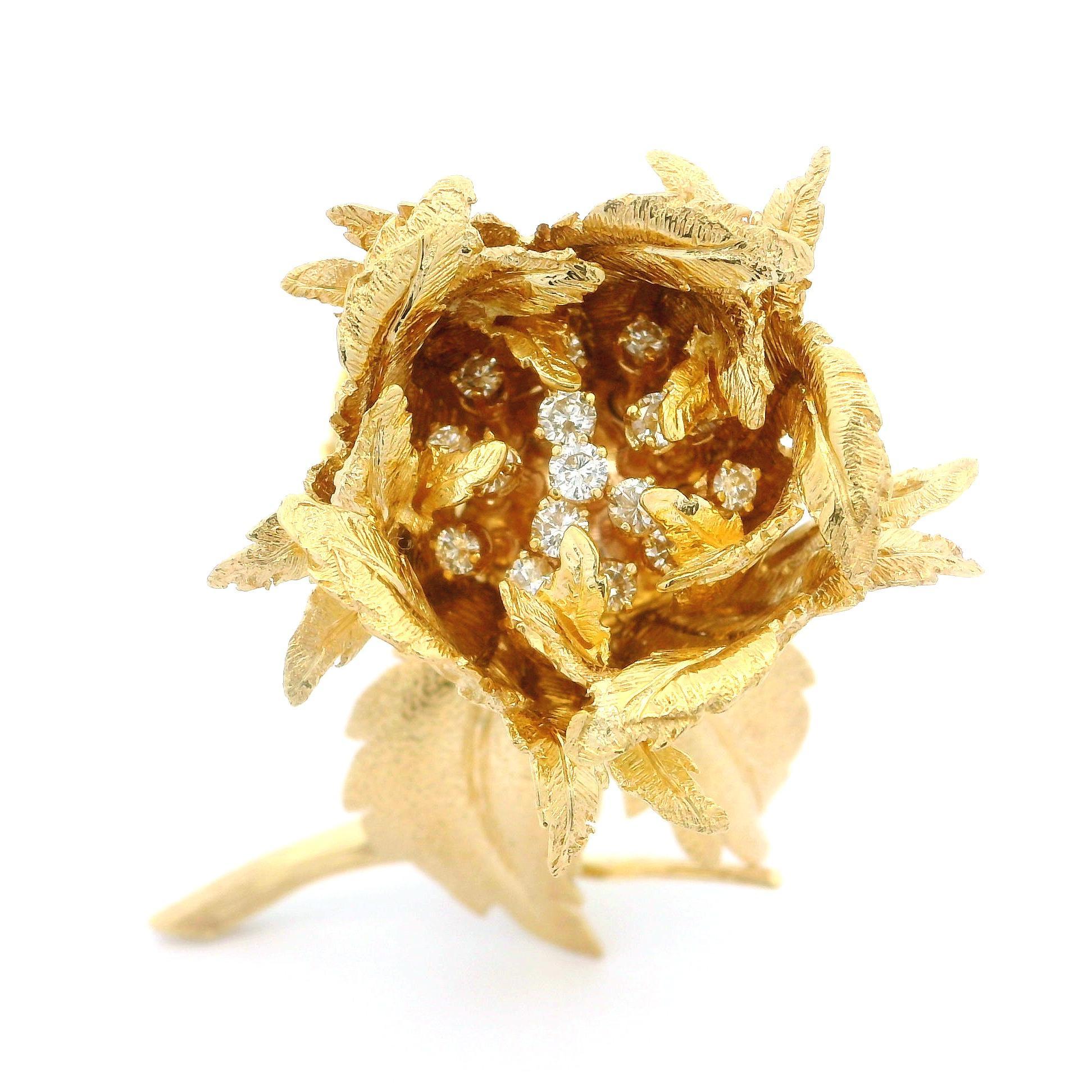 Vintage Robert Altman 14k Yellow Gold Fiery Diamond Blossoming Flower Brooch 7