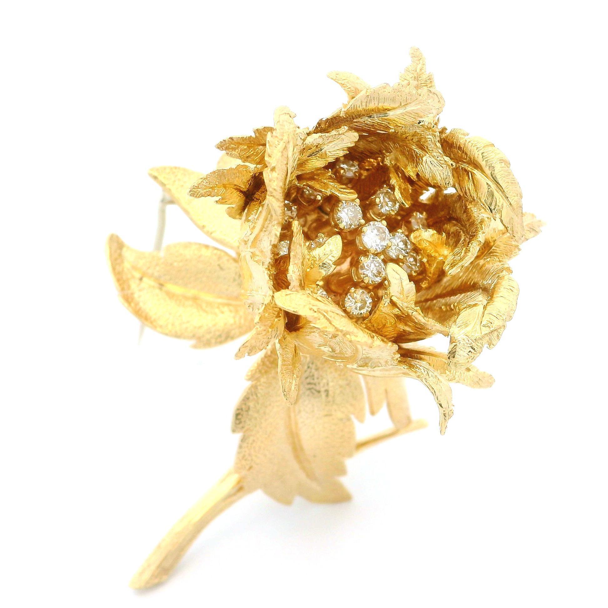 Vintage Robert Altman 14k Yellow Gold Fiery Diamond Blossoming Flower Brooch 8