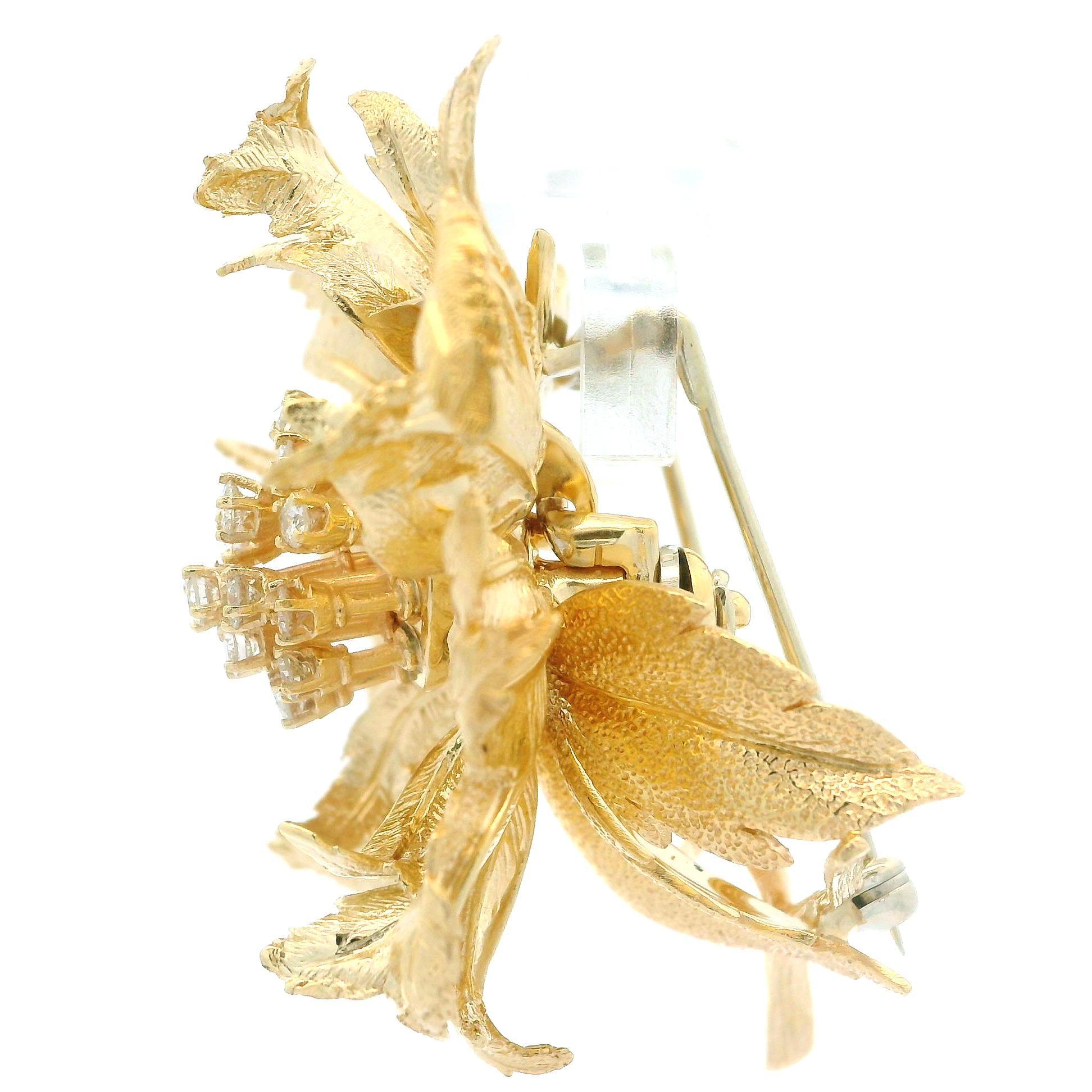 Vintage Robert Altman 14k Yellow Gold Fiery Diamond Blossoming Flower Brooch 12