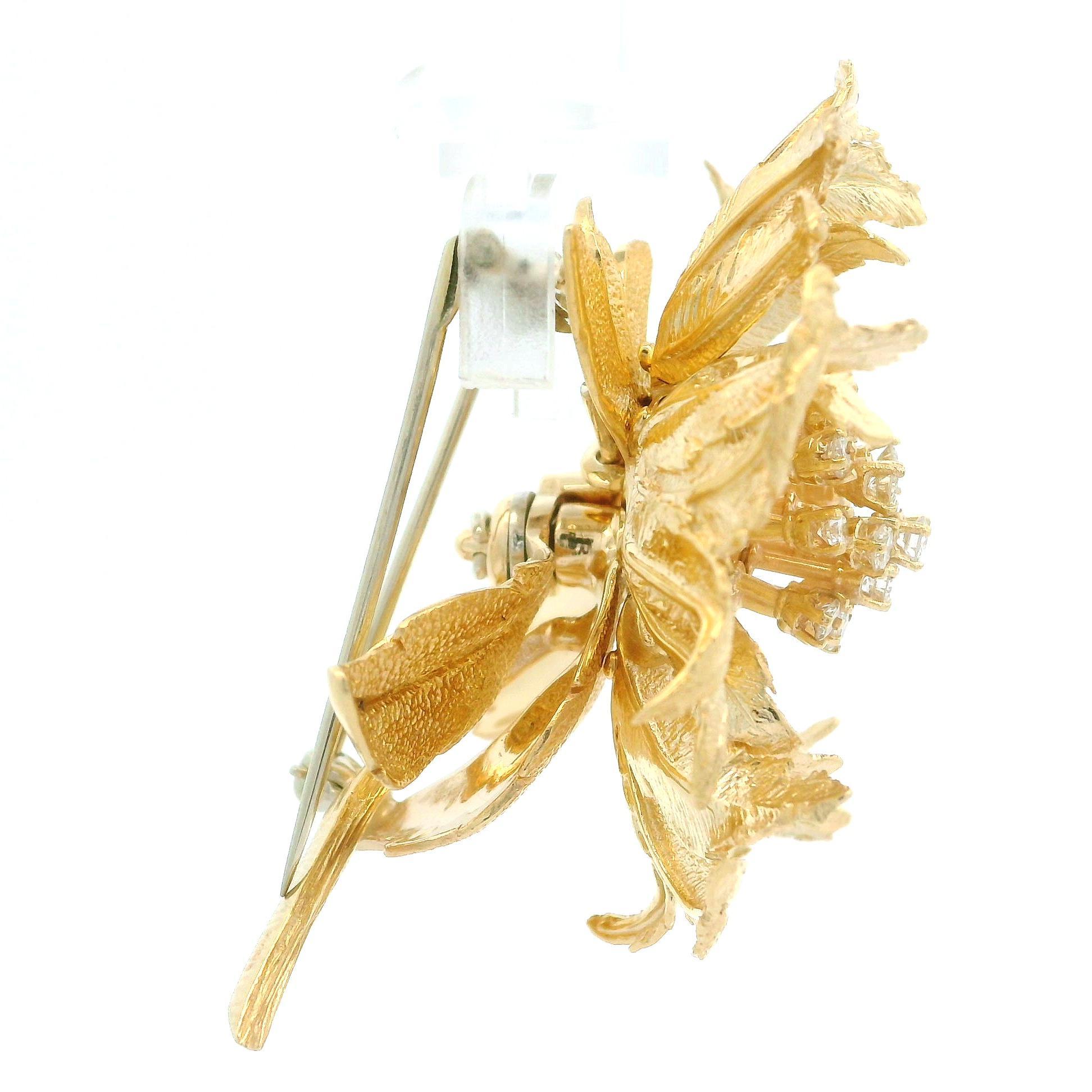 Vintage Robert Altman 14k Yellow Gold Fiery Diamond Blossoming Flower Brooch 13