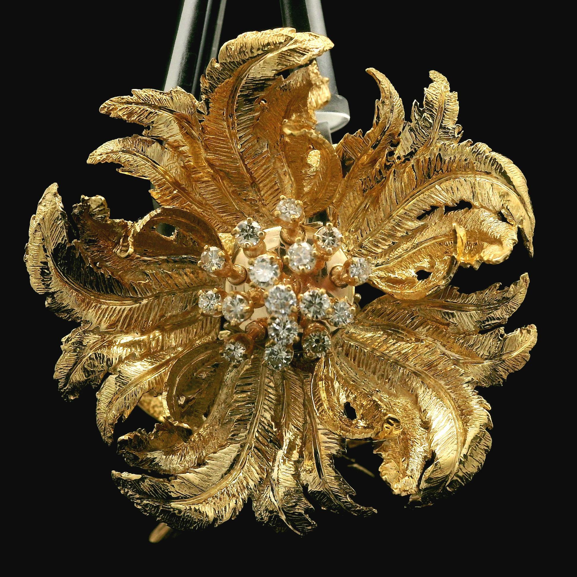 Vintage Robert Altman 14k Yellow Gold Fiery Diamond Blossoming Flower Brooch 3