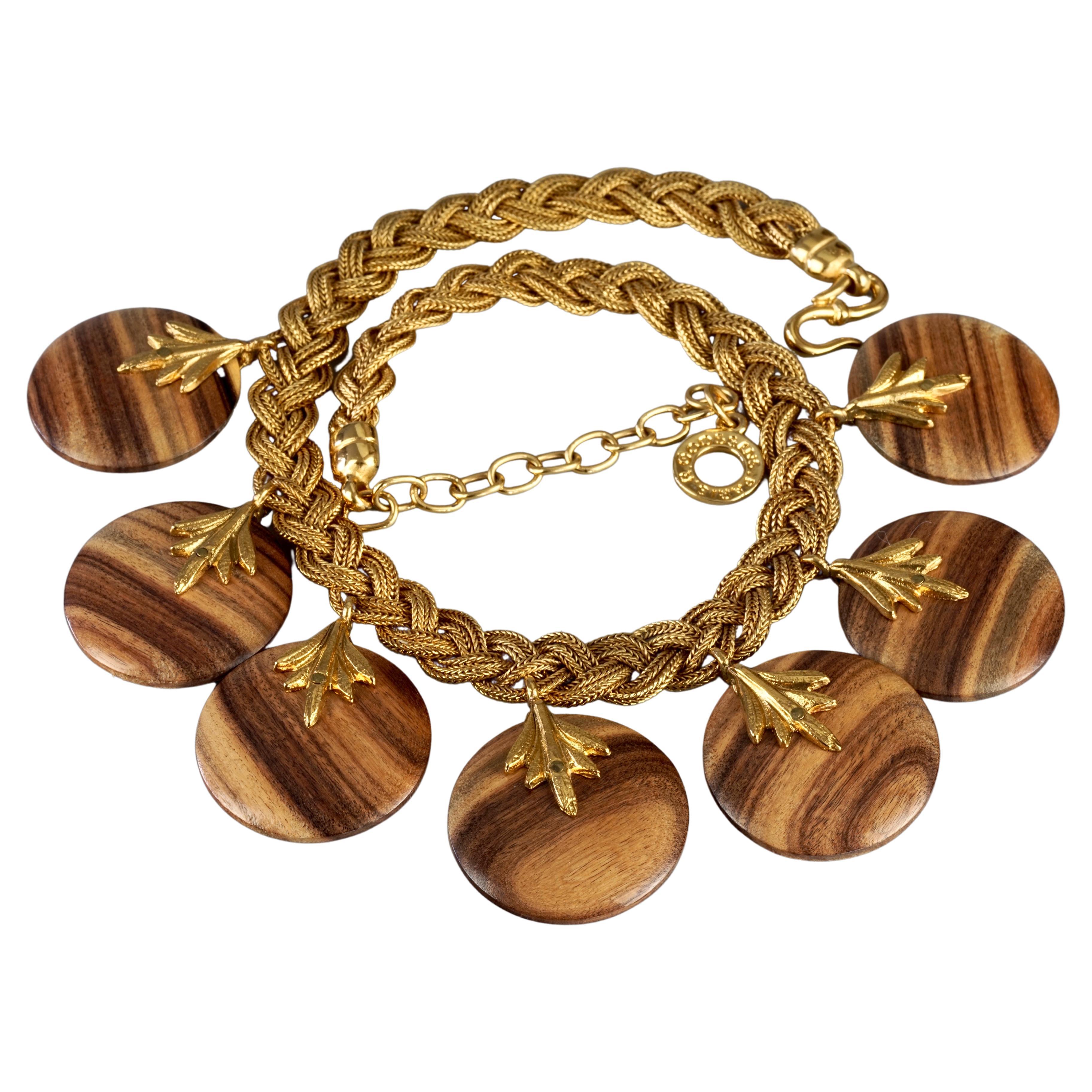 Vintage ROBERT GOOSSENS PARIS Wooden Disc Charms Gilt Braided Necklace For Sale