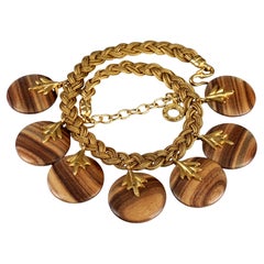 Vintage ROBERT GOOSSENS PARIS Wooden Disc Charms Gilt Braided Necklace