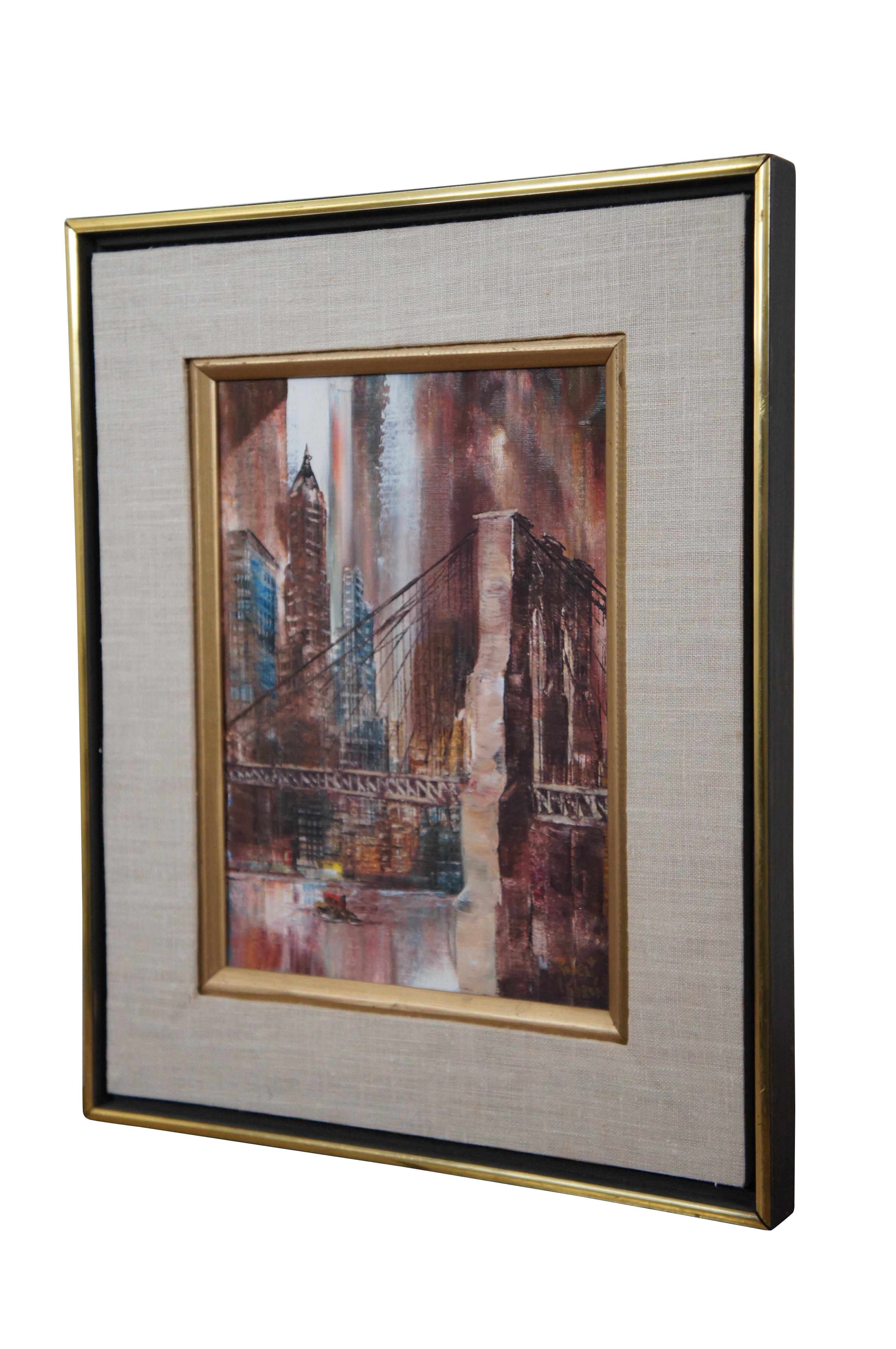 Vintage oil on canvas expressionist / semi-abstract cityscape painting of New York City and the Brooklyn Bridge by Robert Lebron. Signed in lower right. Framed in a gilded double frame with an off-white linen mat.

