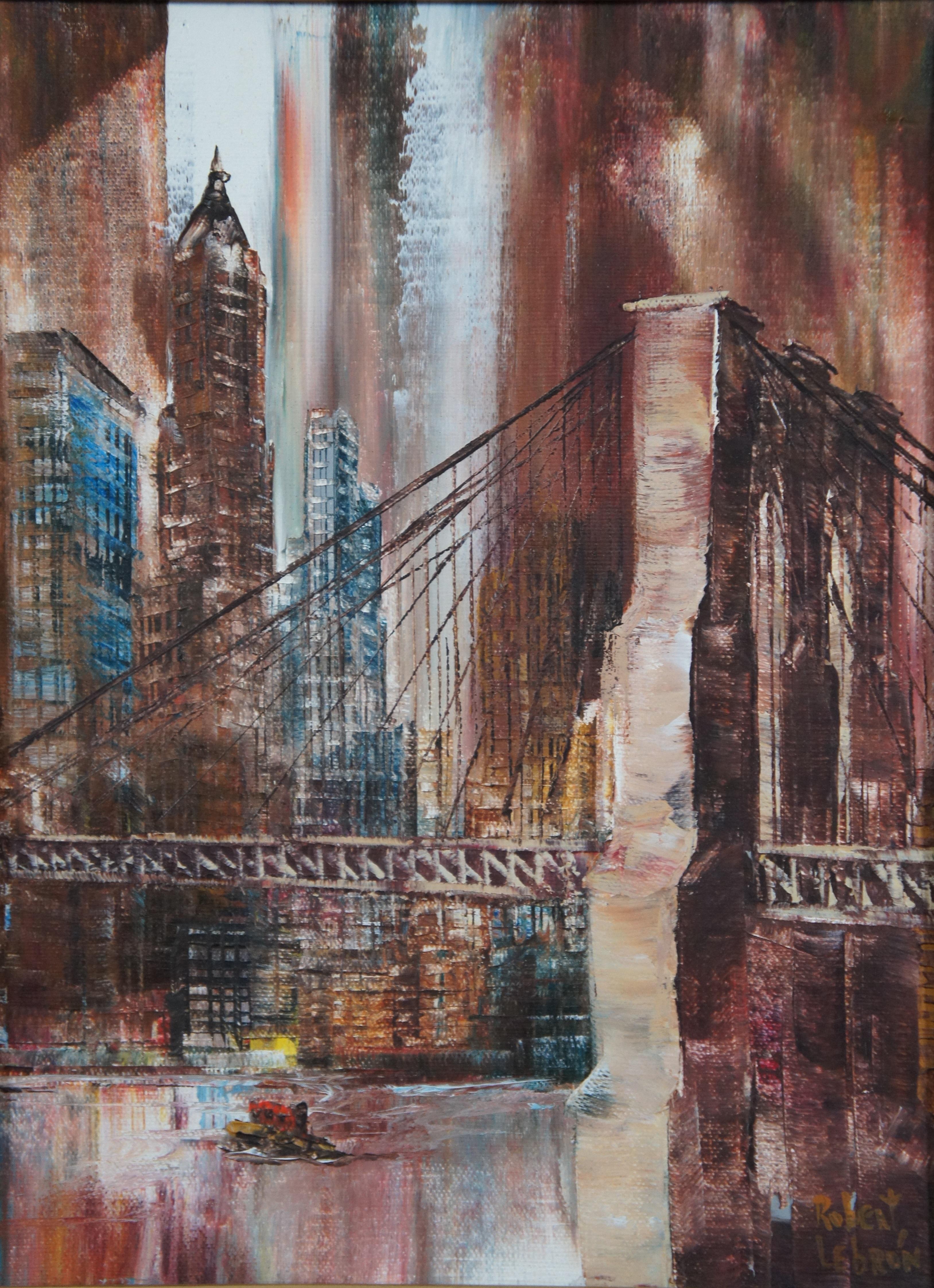 Vintage Robert Lebron Expressionist Cityscape Oil Painting Brooklyn Bridge 18