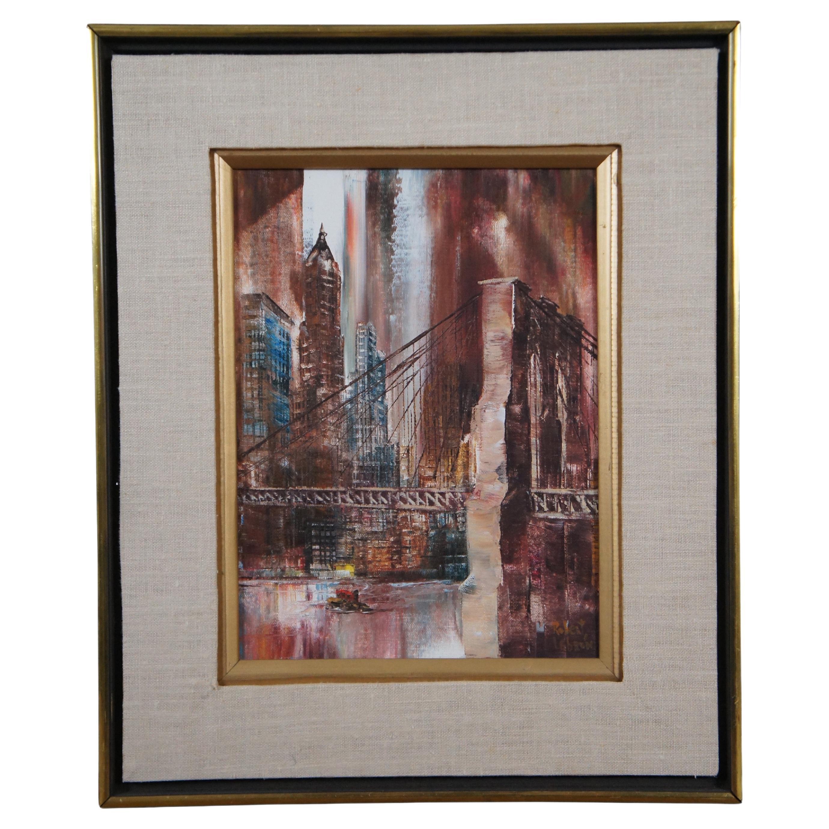 Vintage Robert Lebron Expressionist Cityscape Oil Painting Brooklyn Bridge 18" For Sale