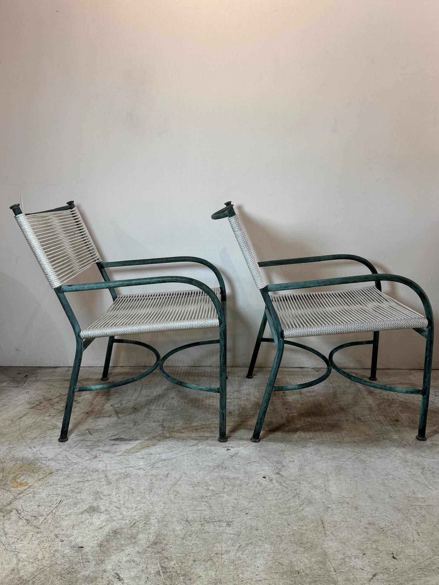 Patinated Vintage Robert Lewis Lounge Chairs Walter Lamb – Bronze frame & Woven Rope For Sale