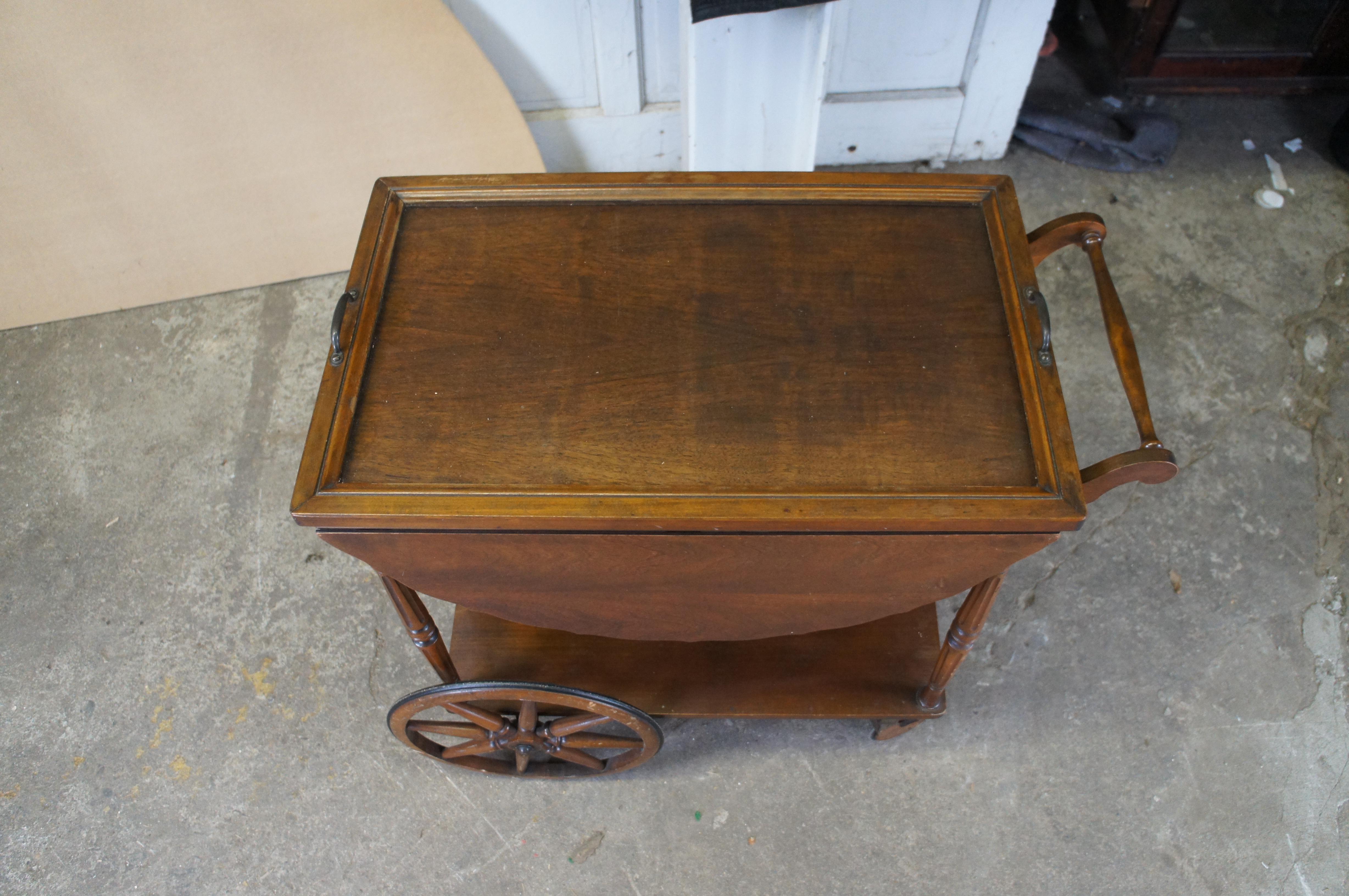 Glass Vintage Robert Mitchell Walnut Dropleaf Rolling Bar Cart Tray Table Server For Sale