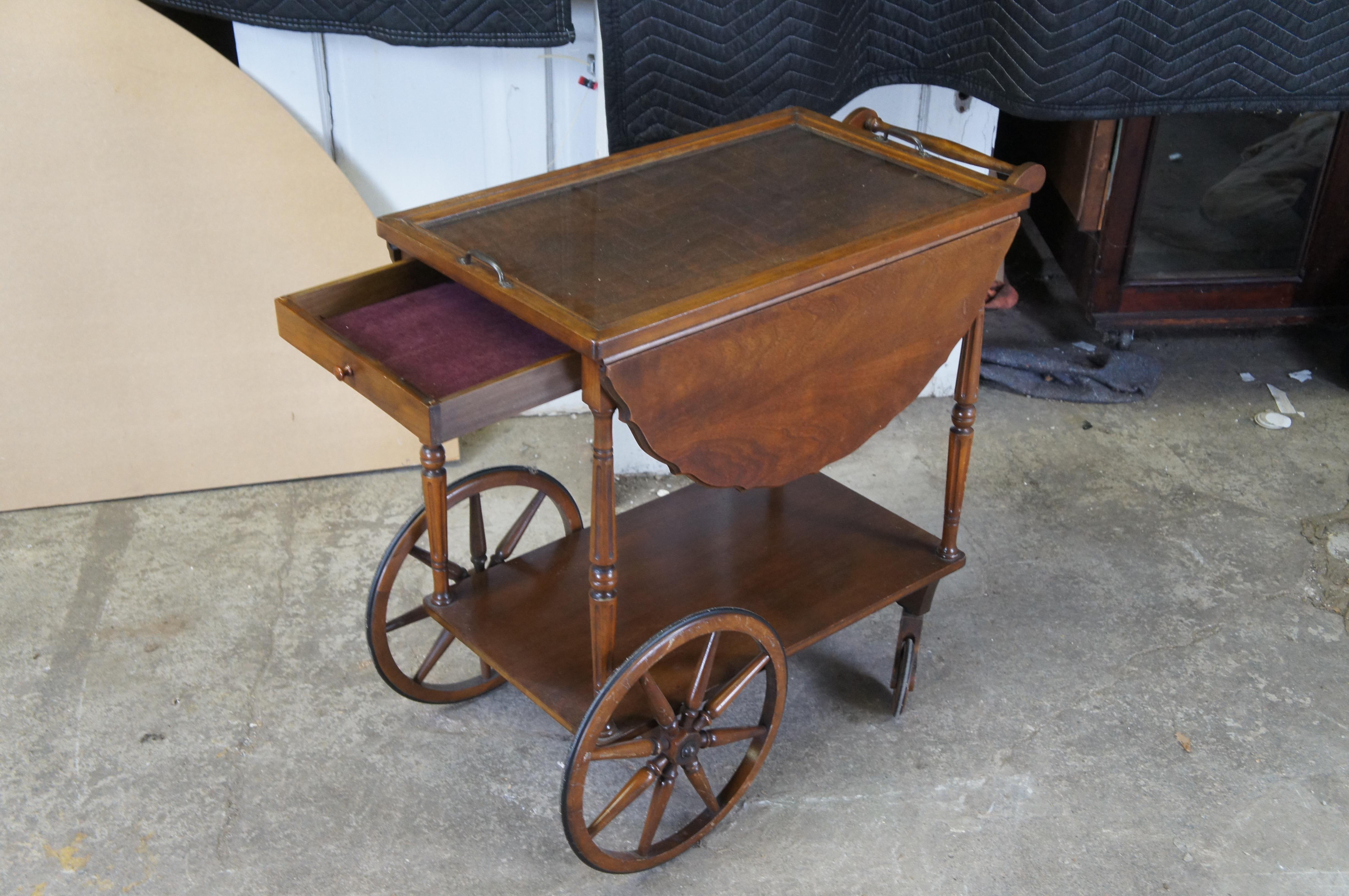 Vintage Robert Mitchell Walnut Dropleaf Rolling Bar Cart Tray Table Server For Sale 1
