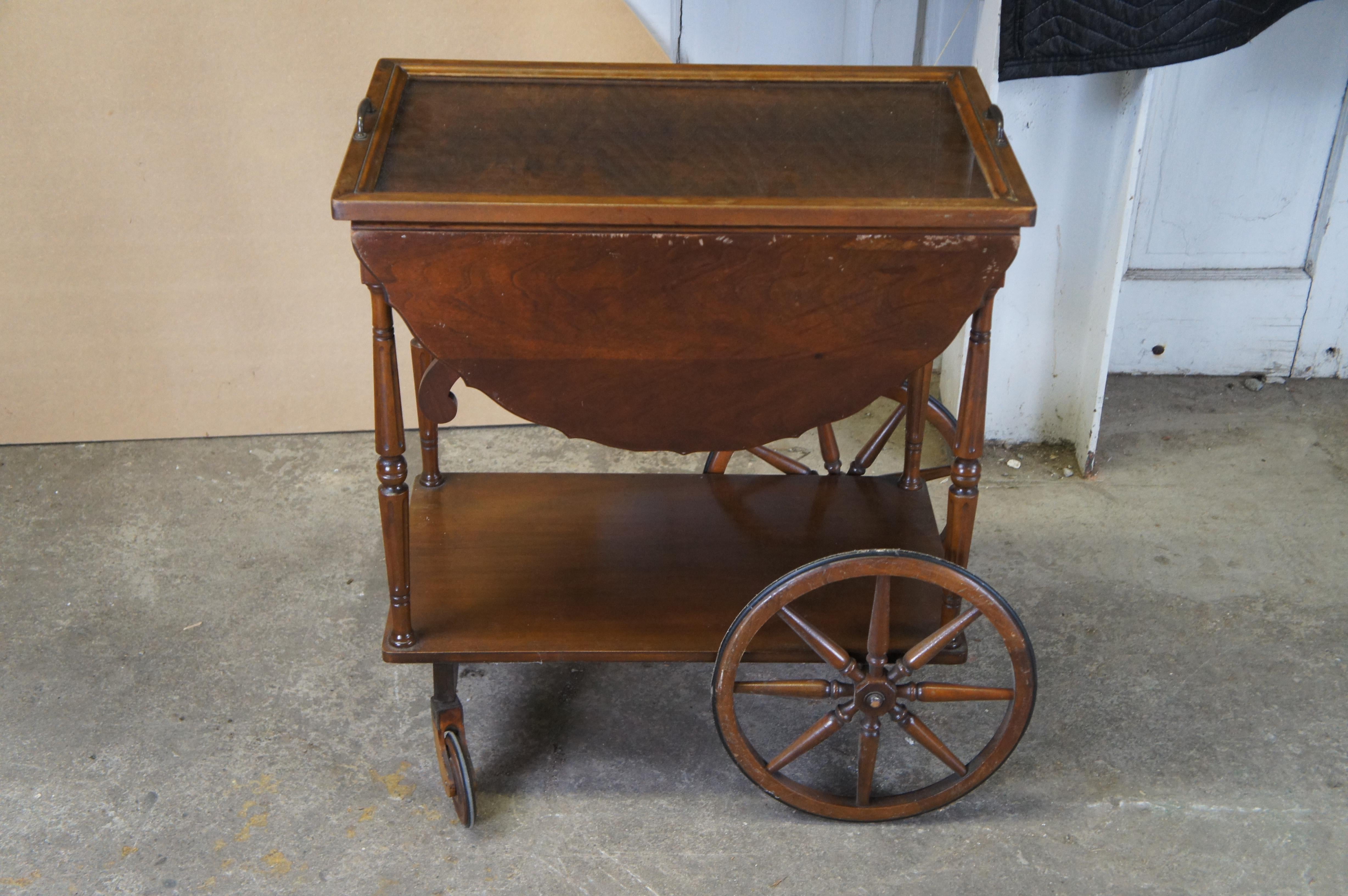 Vintage Robert Mitchell Walnut Dropleaf Rolling Bar Cart Tray Table Server For Sale 3