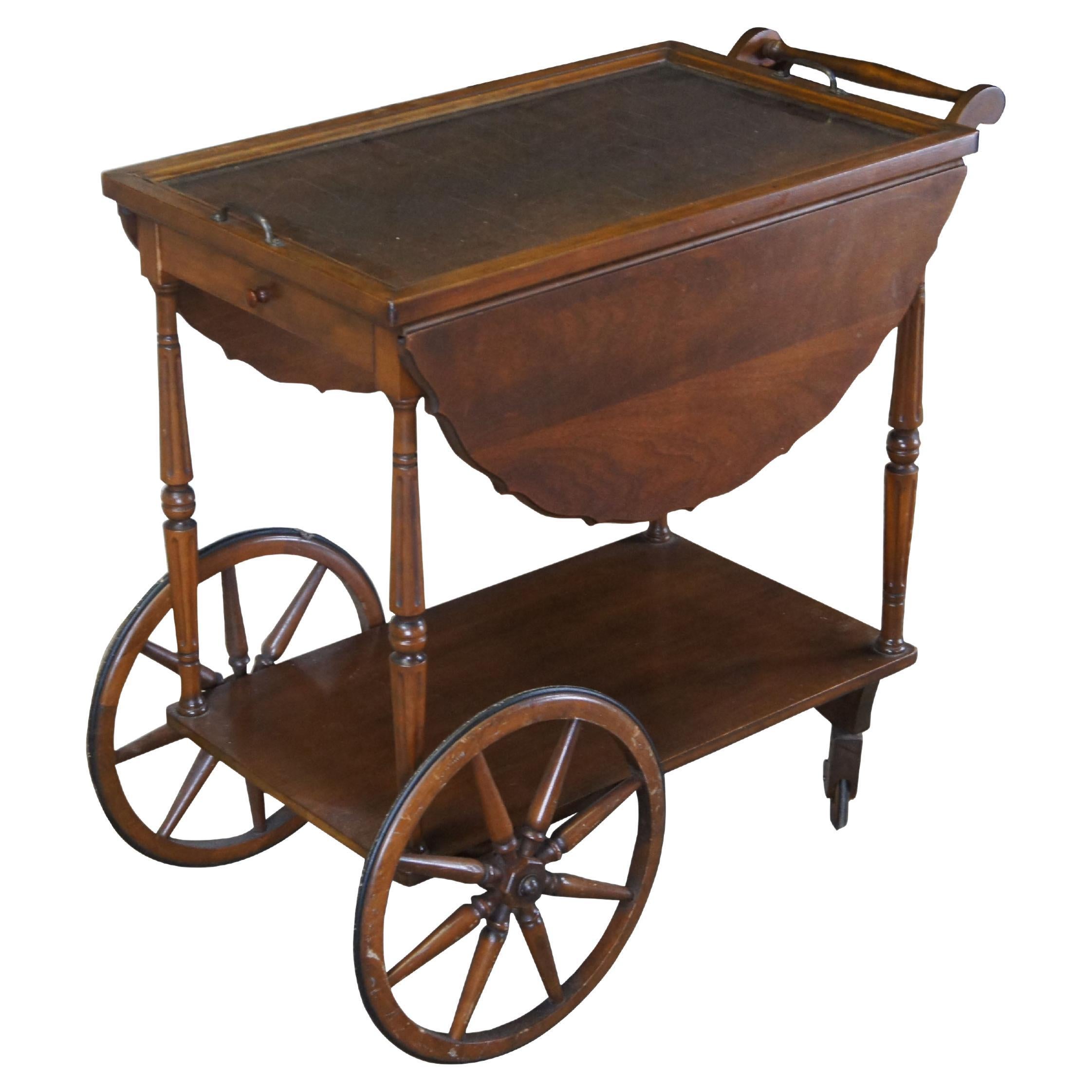 Vintage Robert Mitchell Walnut Dropleaf Rolling Bar Cart Tray Table Server For Sale