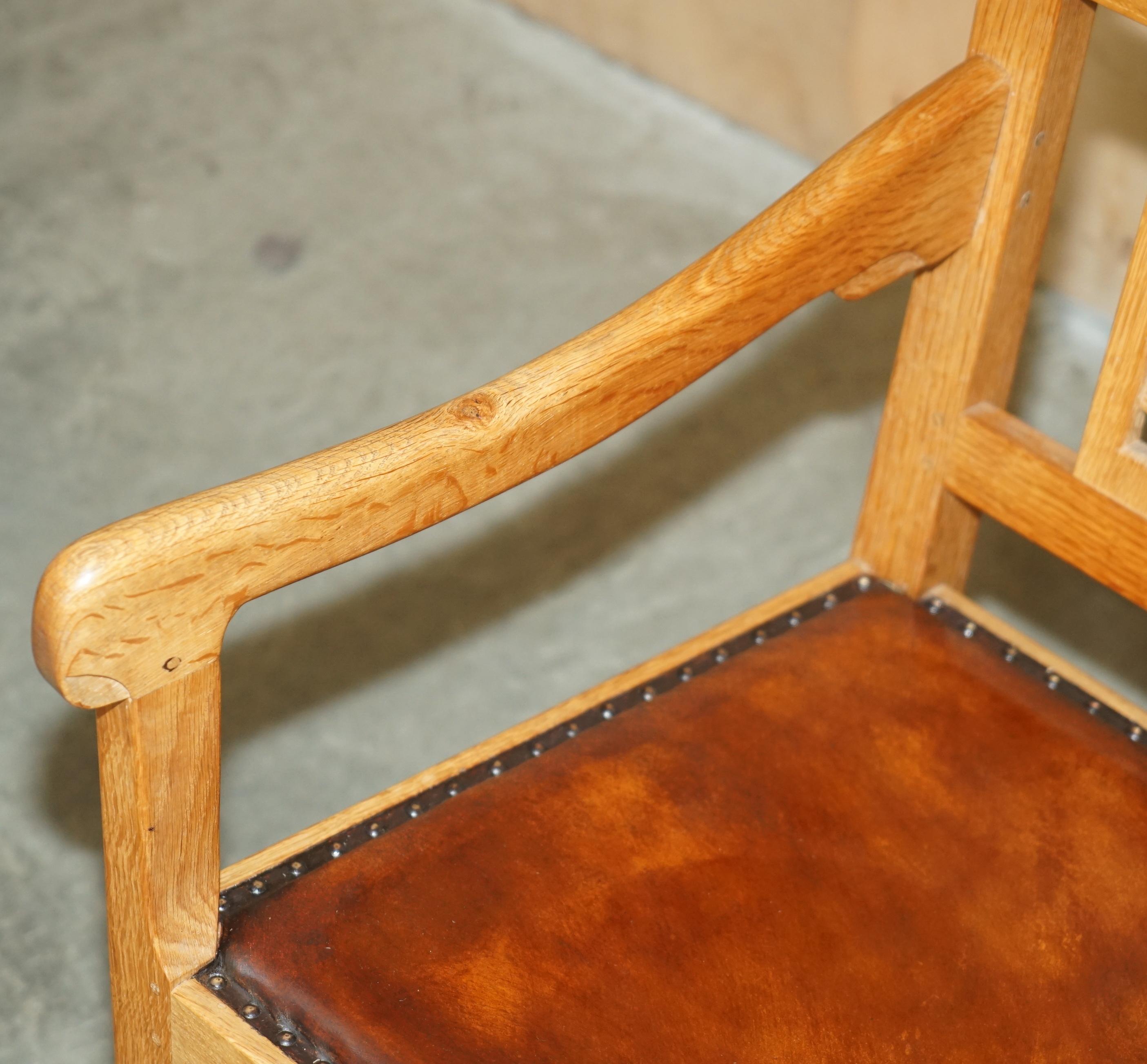VINTAGE ROBERT MOUSEMAN THOMPSON ROCKING ARMCHAiR HAND DYED BROWN LEATHER SEAT For Sale 2