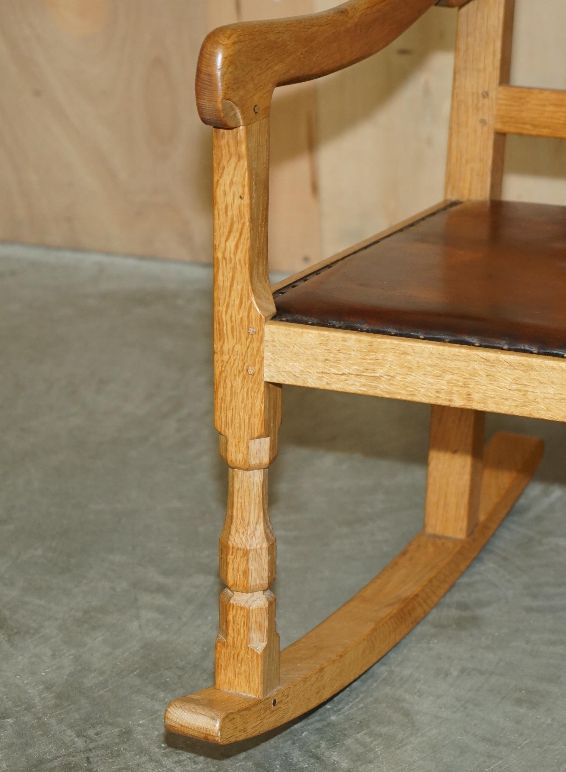 VINTAGE ROBERT MOUSEMAN THOMPSON ROCKING ARMCHAiR HAND DYED BROWN LEATHER SEAT For Sale 4