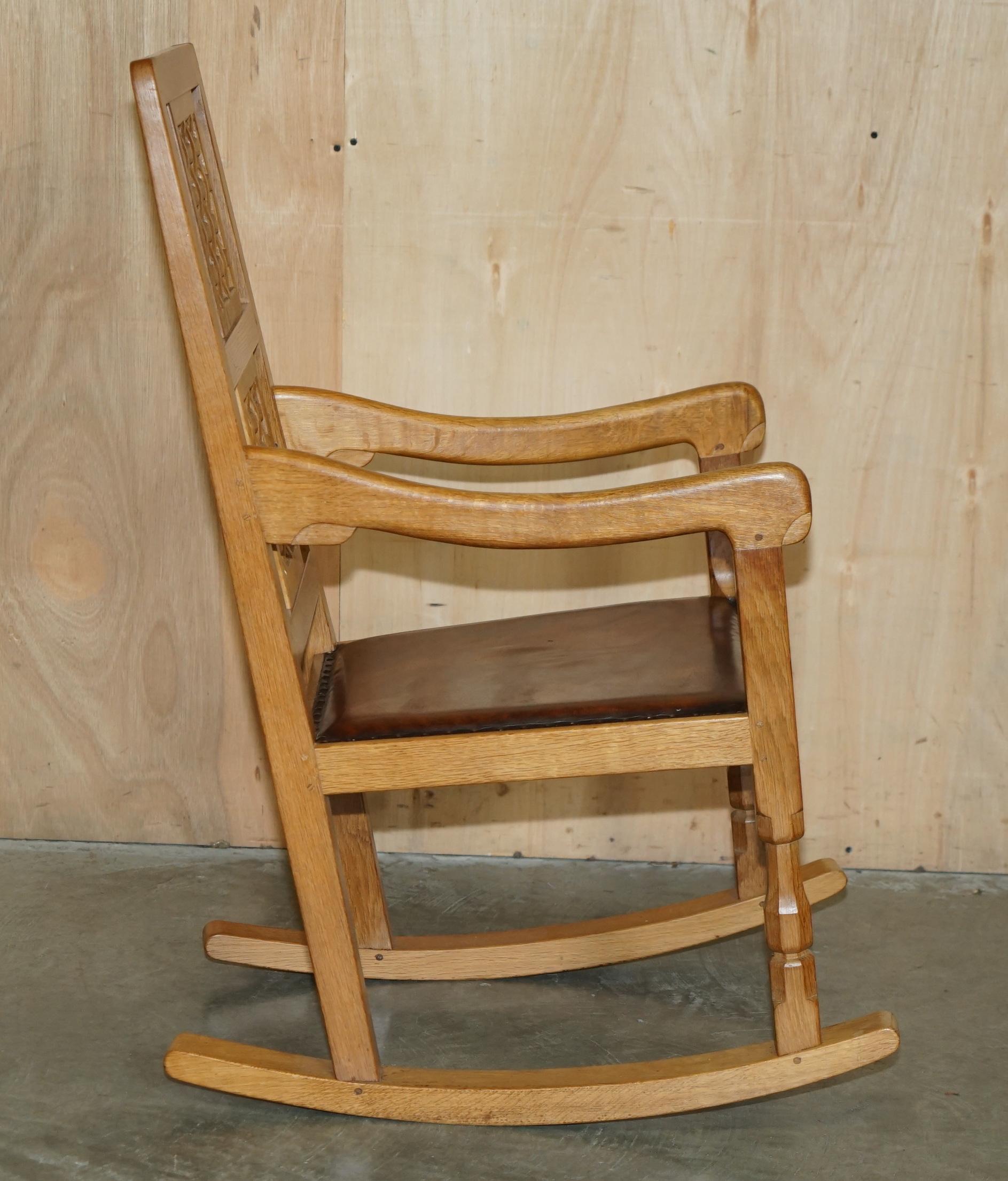 VINTAGE ROBERT MOUSEMAN THOMPSON ROCKING ARMCHAiR HAND DYED BROWN LEATHER SEAT For Sale 5