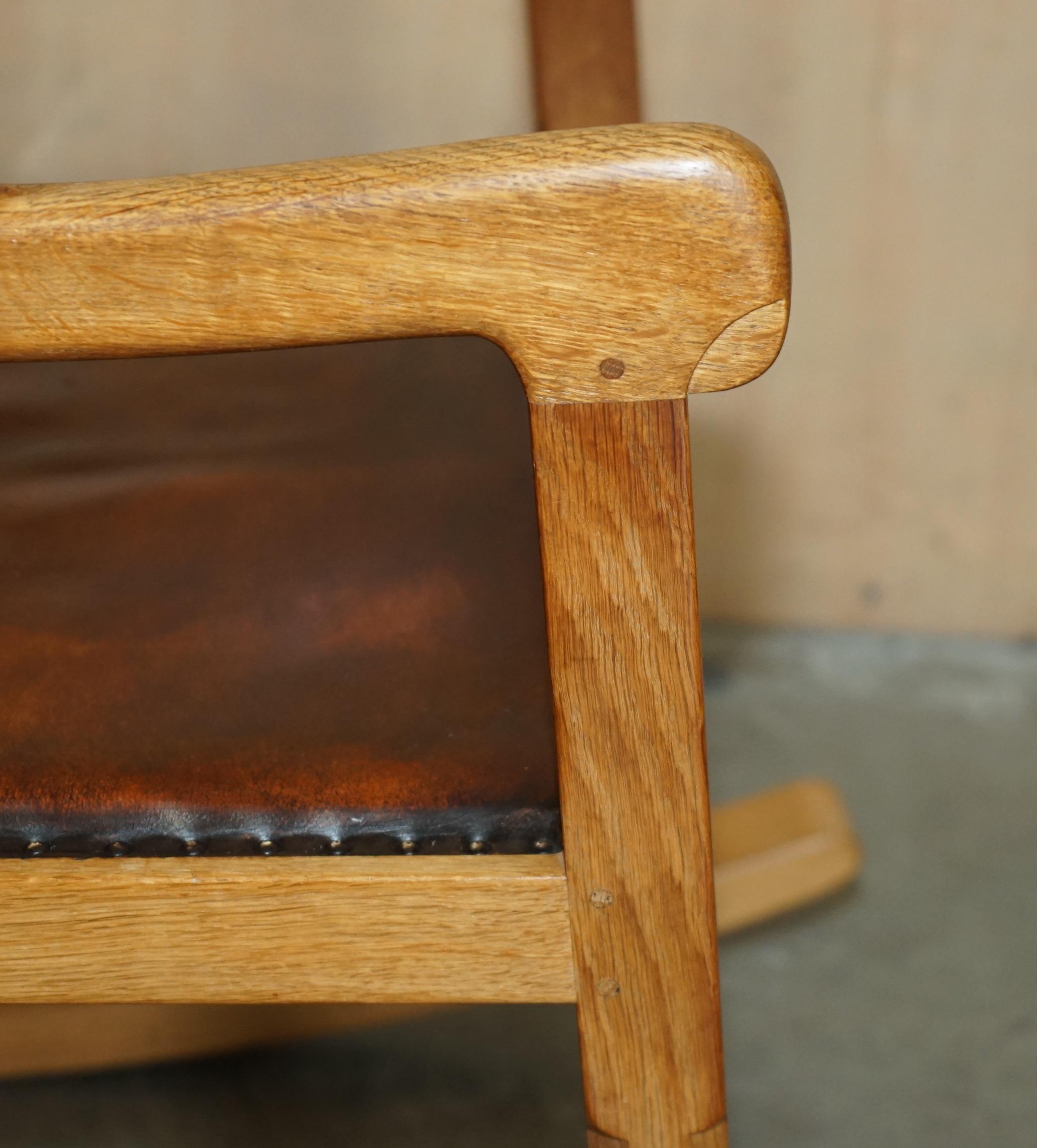 VINTAGE ROBERT MOUSEMAN THOMPSON ROCKING ARMCHAiR HAND DYED BROWN LEATHER SEAT For Sale 6