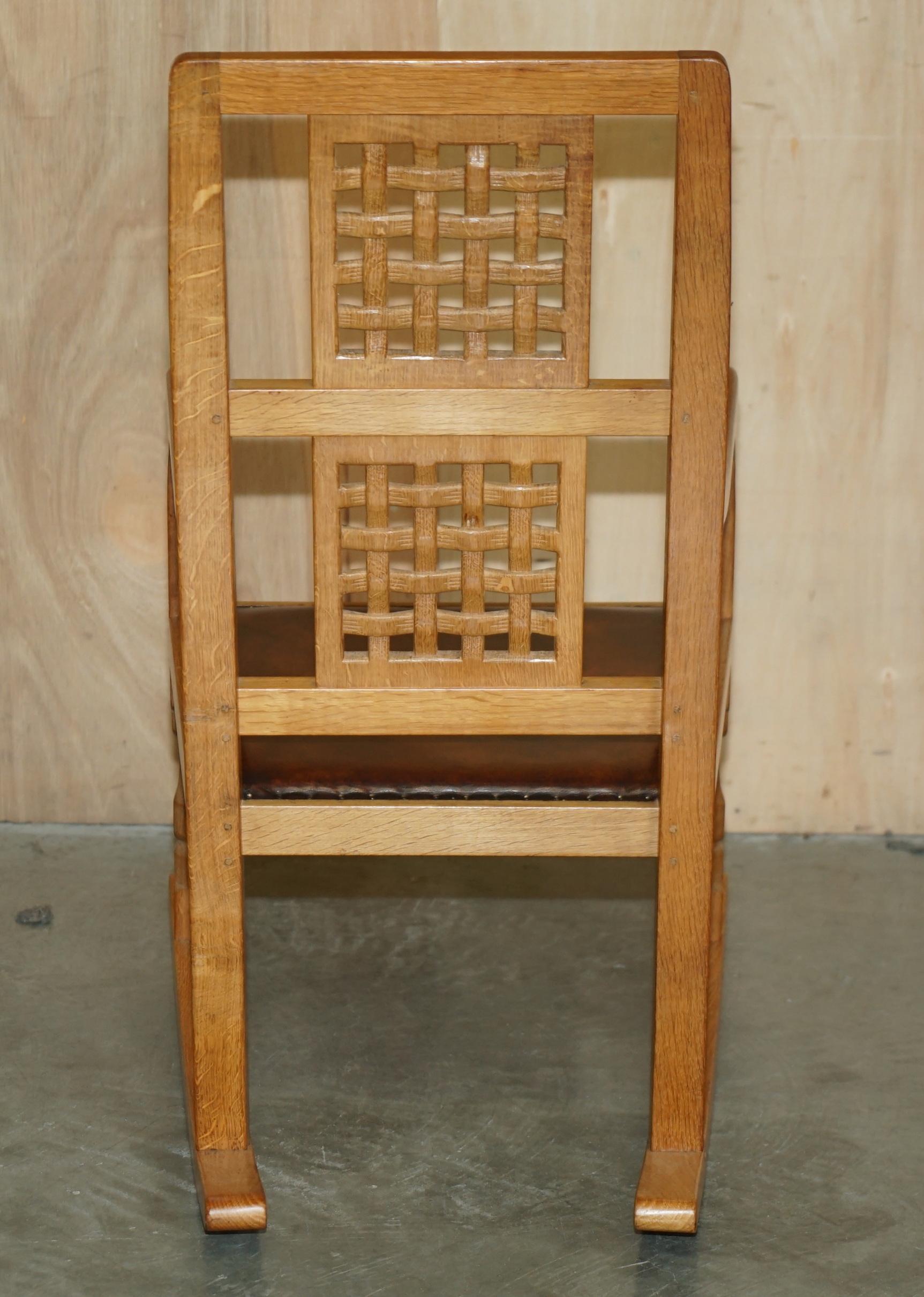 VINTAGE ROBERT MOUSEMAN THOMPSON ROCKING ARMCHAiR HAND DYED BROWN LEATHER SEAT For Sale 7