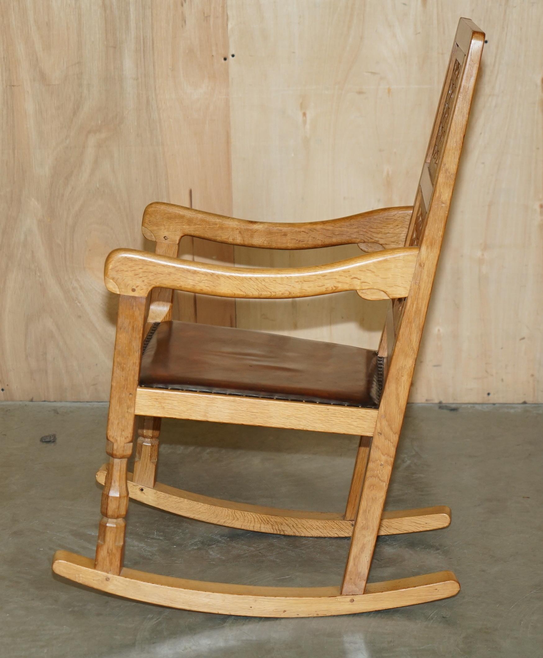 VINTAGE ROBERT MOUSEMAN THOMPSON ROCKING ARMCHAiR HAND DYED BROWN LEATHER SEAT For Sale 9