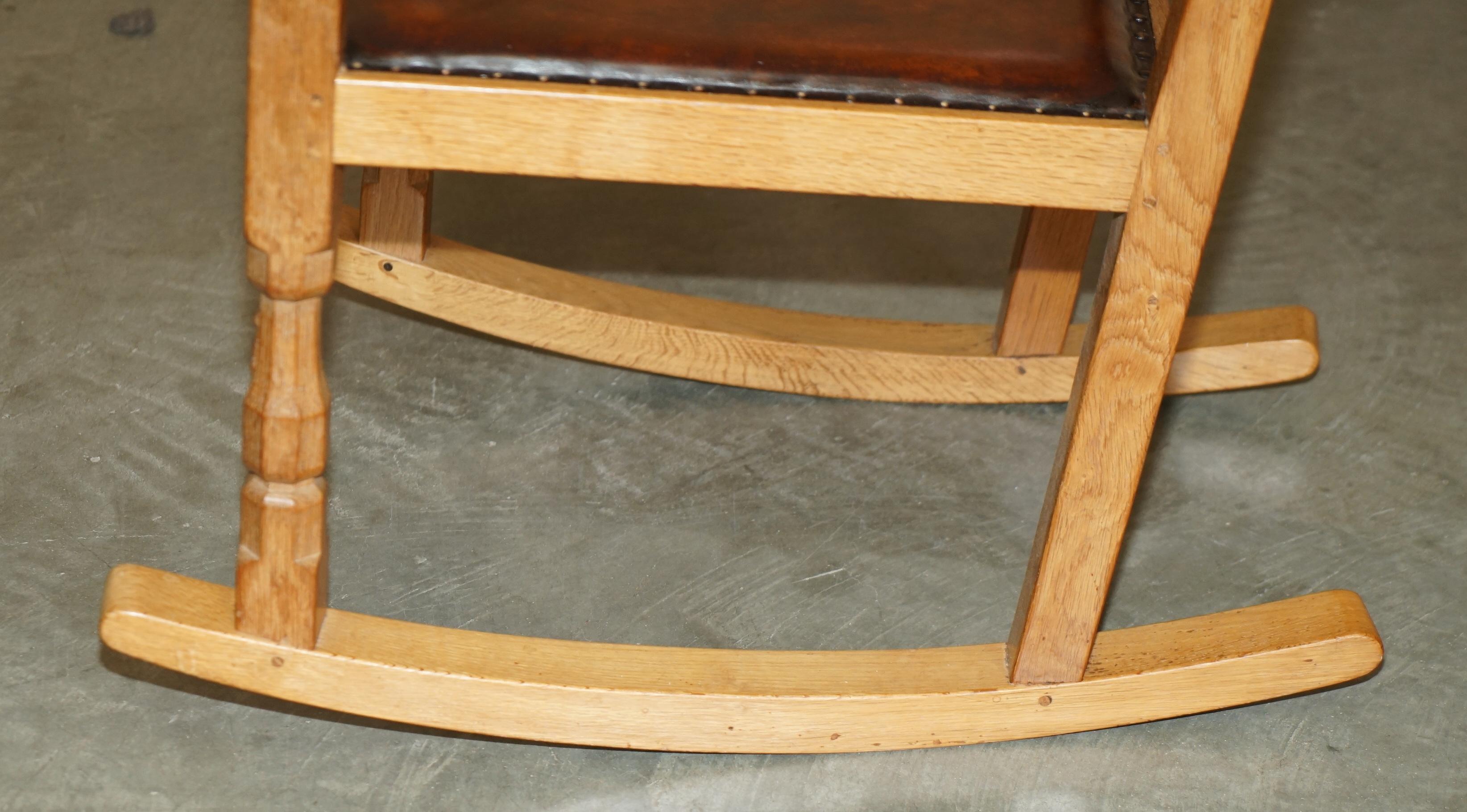 VINTAGE ROBERT MOUSEMAN THOMPSON ROCKING ARMCHAiR HAND DYED BROWN LEATHER SEAT For Sale 10