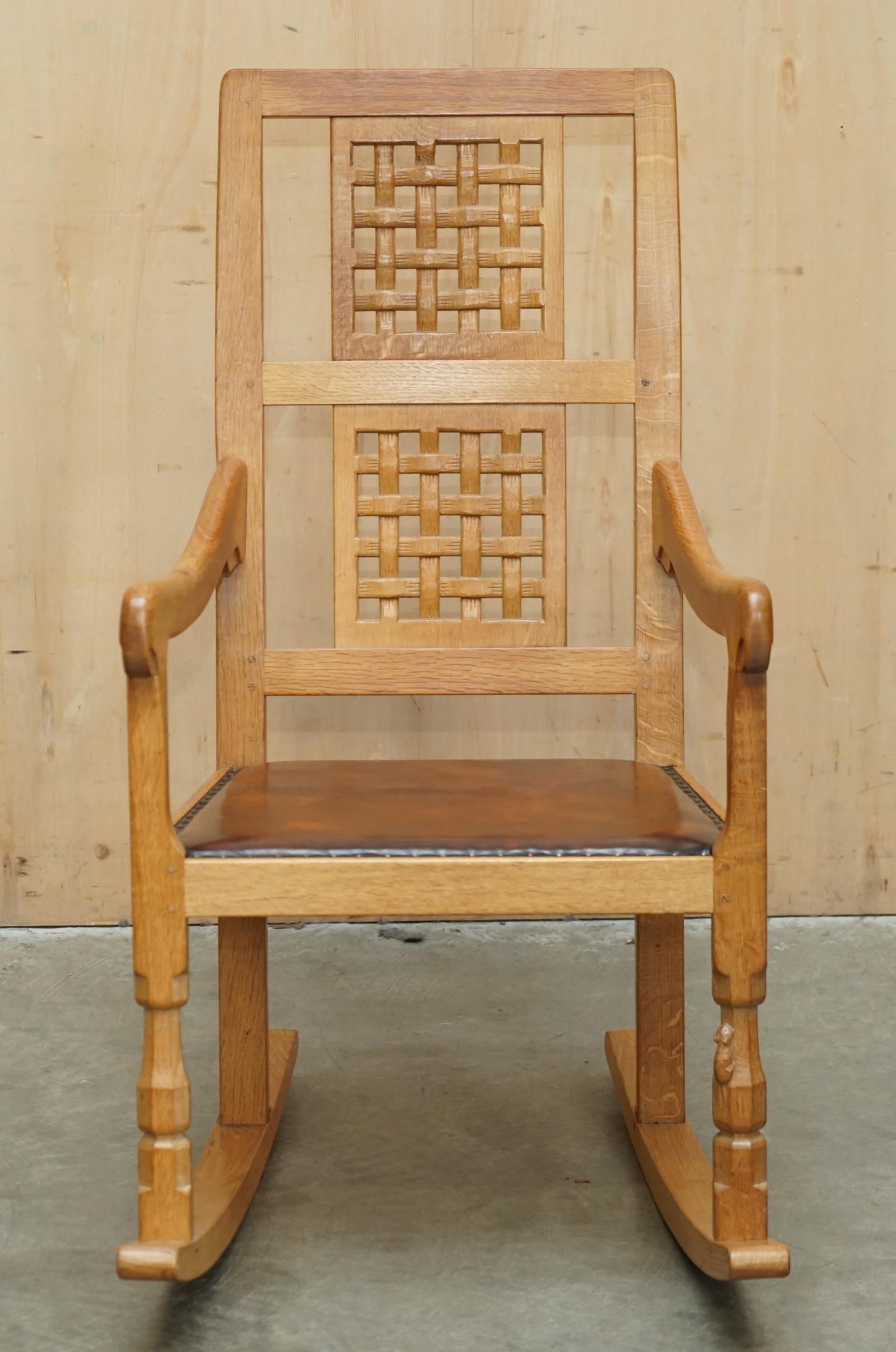 Country VINTAGE ROBERT MOUSEMAN THOMPSON ROCKING ARMCHAiR HAND DYED BROWN LEATHER SEAT For Sale