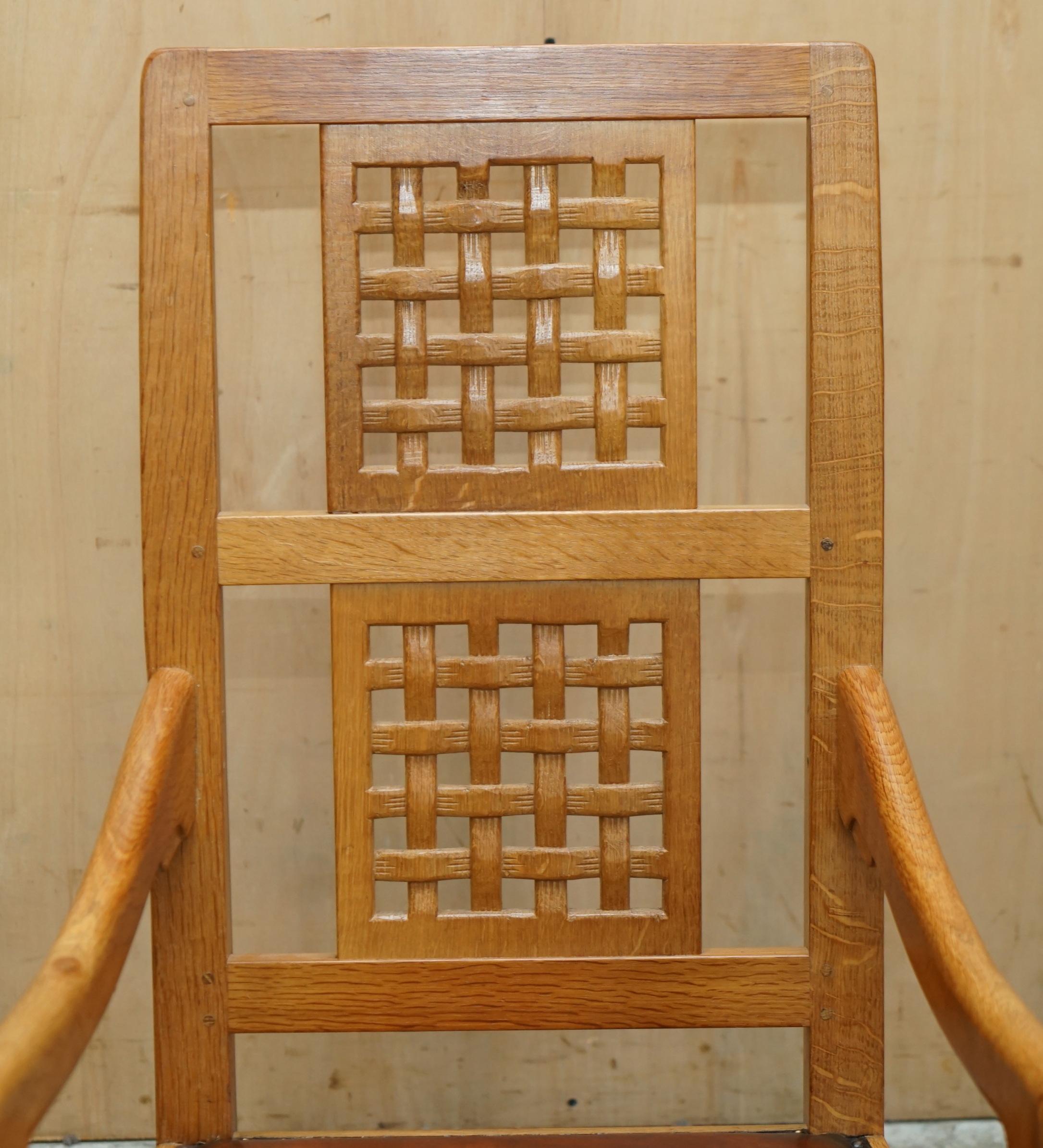 Leather VINTAGE ROBERT MOUSEMAN THOMPSON ROCKING ARMCHAiR HAND DYED BROWN LEATHER SEAT For Sale