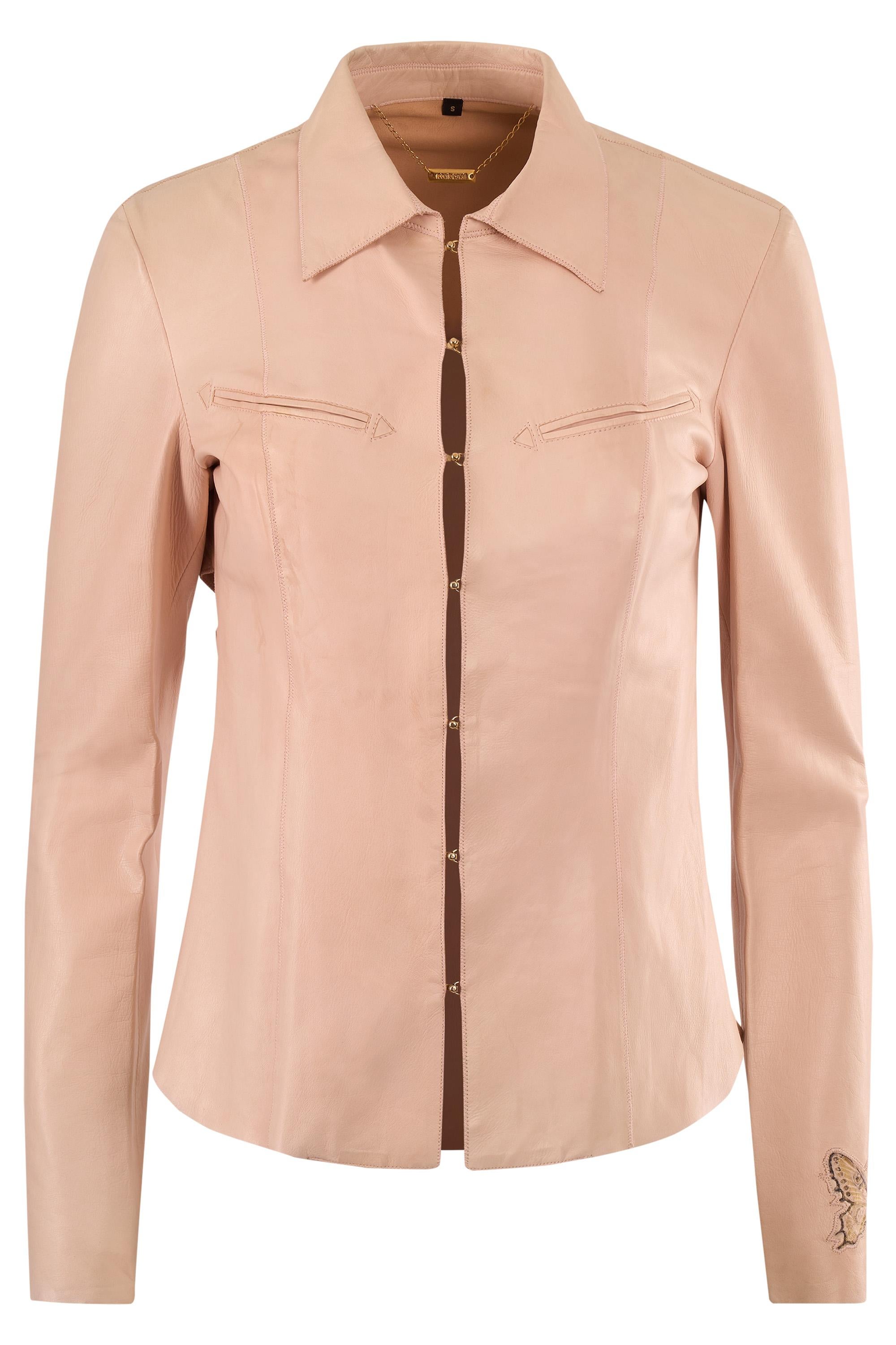 Vintage Roberto Cavalli 2000's Nude Pink Leather Shirt In Excellent Condition For Sale In London, GB