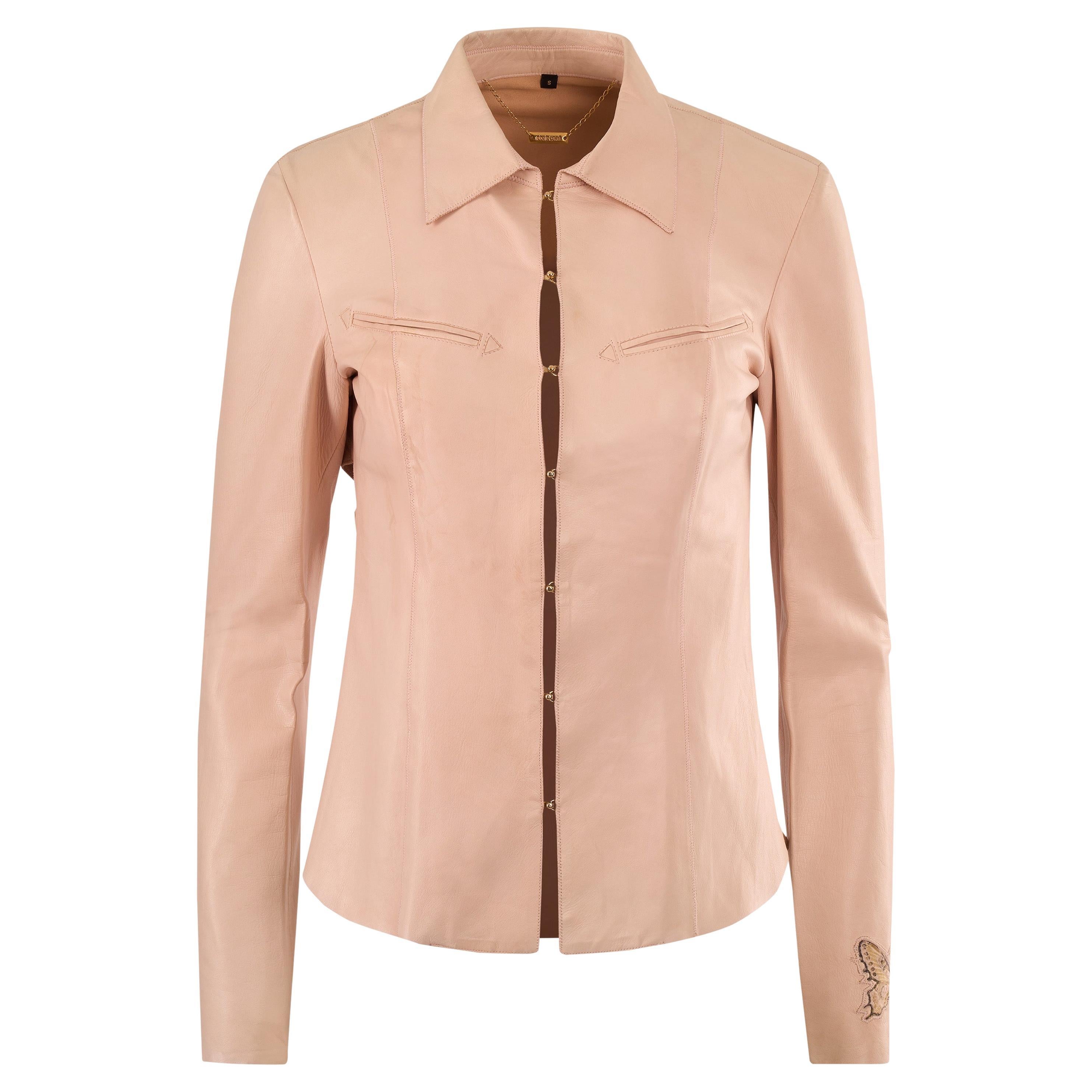 Vintage Roberto Cavalli 2000's Nude Pink Leather Shirt For Sale
