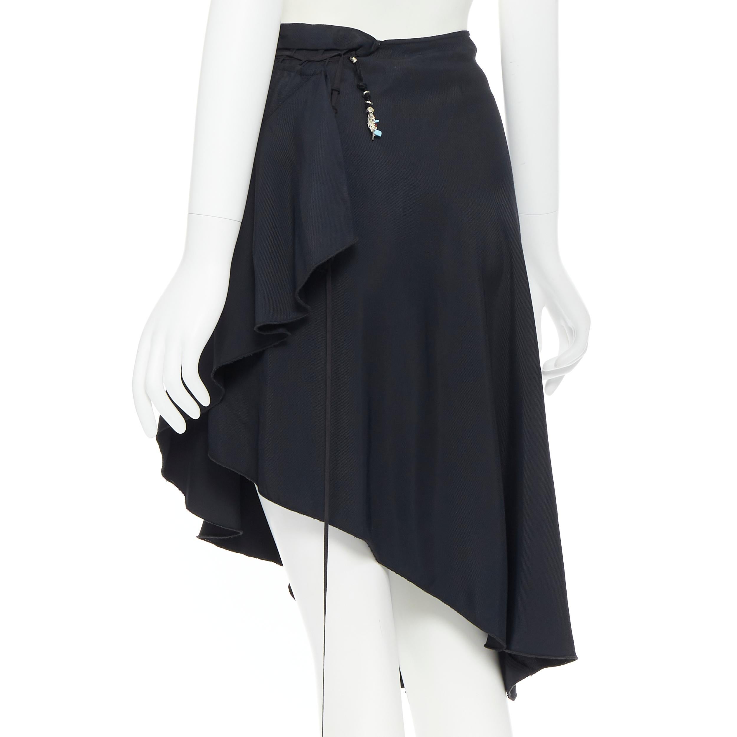 Women's vintage ROBERTO CAVALLI 2003 black ladder seam self tie wrap asymmetric skirt L