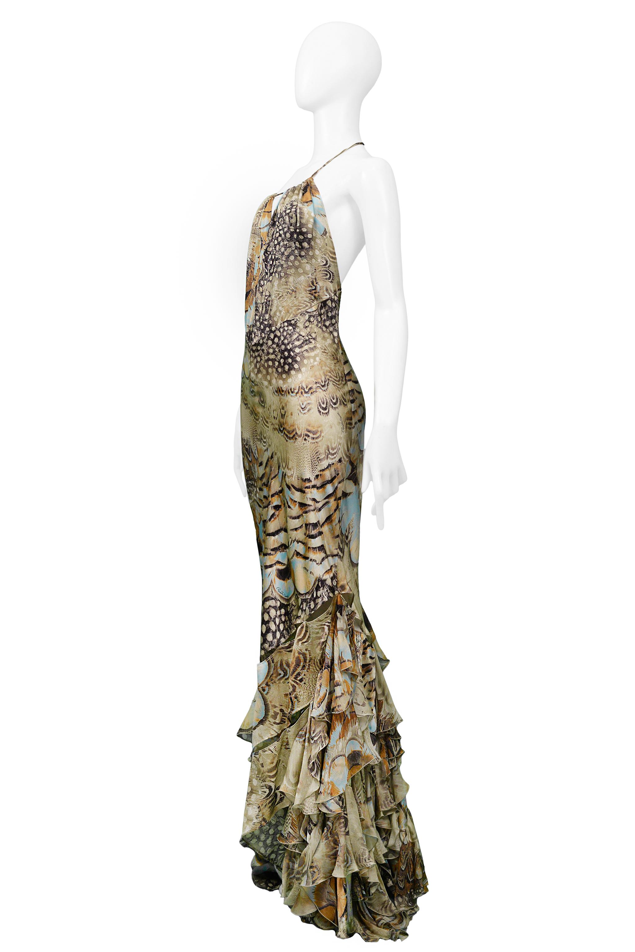 Women's Vintage Roberto Cavalli 2004 Satin Feather Ruffle Runway Gown