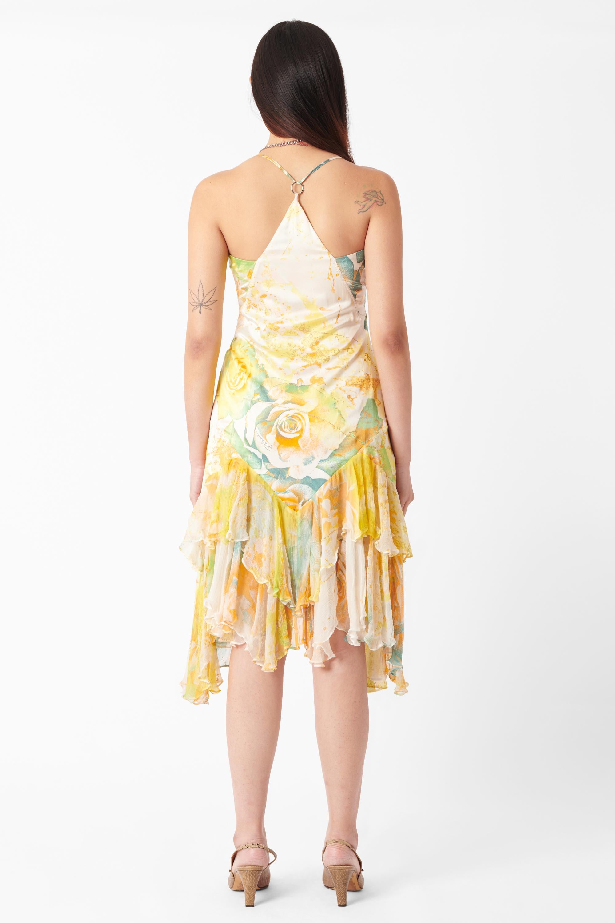Vintage Roberto Cavalli 2004 Vestido de seda con espalda cruzada y estampado amarillo en Excelente Estado en London, GB