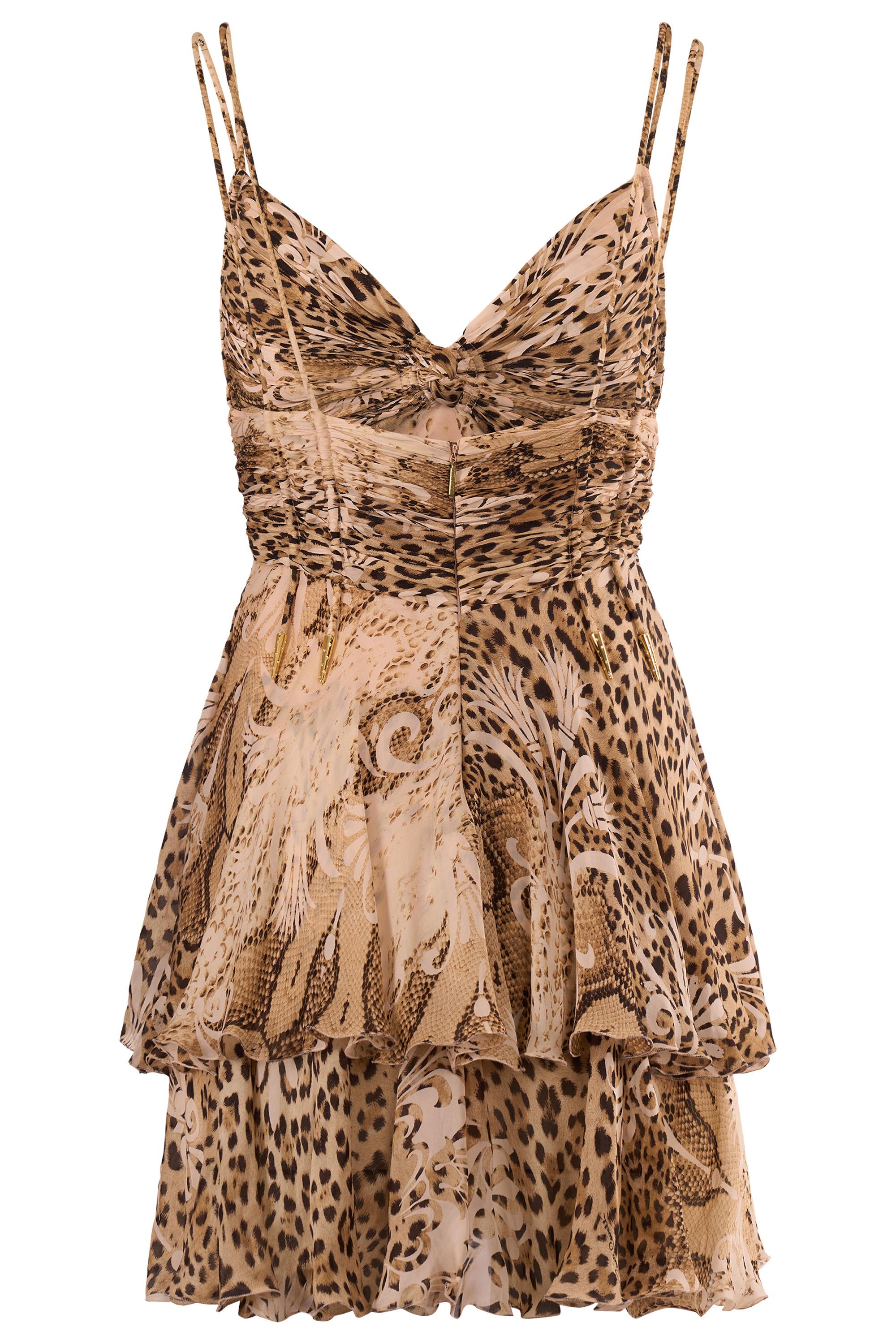 Vintage Roberto Cavalli 2006 Minivestido con estampado de leopardo en capas Marrón en venta