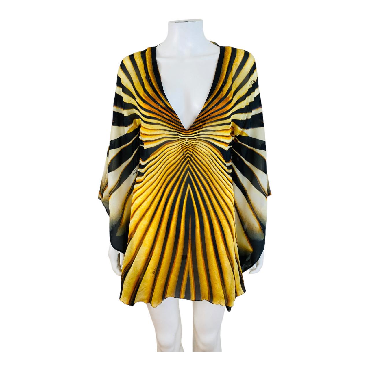 Vintage Roberto Cavalli 2007 Tiger Monarch Butterfly Mini Dress Angel Sleeves In Excellent Condition In Denver, CO