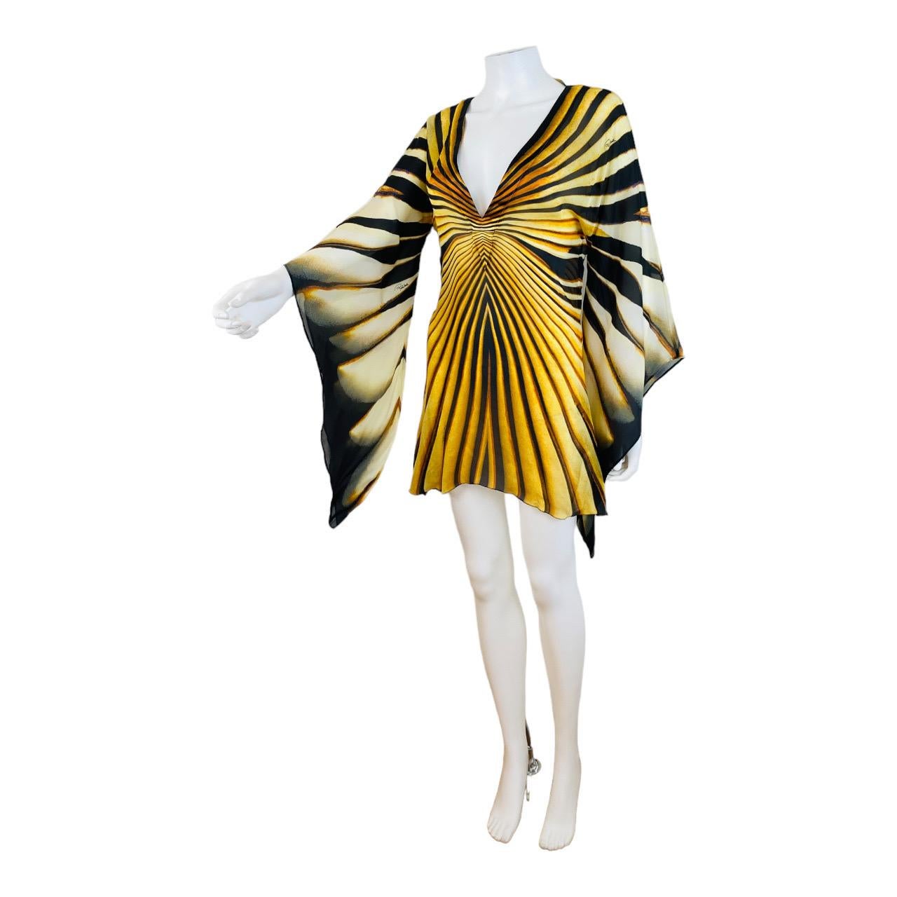 Women's Vintage Roberto Cavalli 2007 Tiger Monarch Butterfly Mini Dress Angel Sleeves For Sale