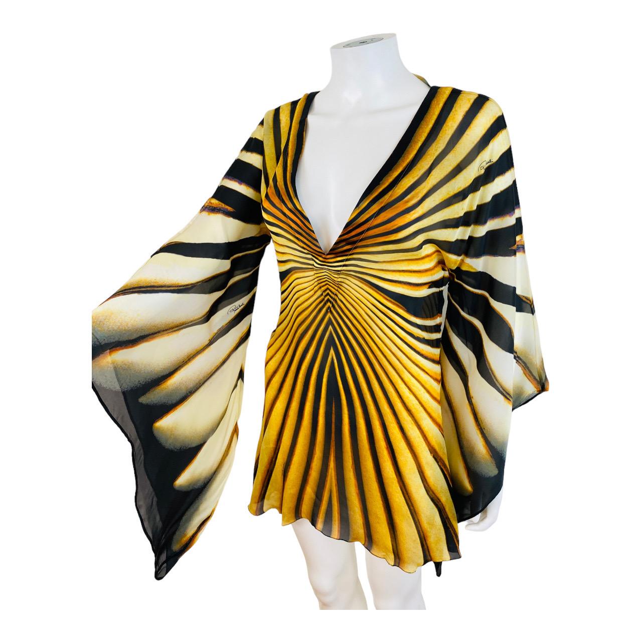 Vintage Roberto Cavalli 2007 Tiger Monarch Butterfly Mini Dress Angel Sleeves For Sale 1
