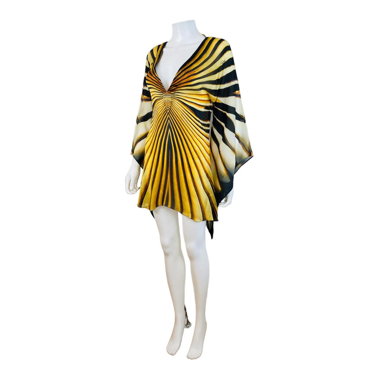 Vintage Roberto Cavalli 2007 Tiger Monarch Butterfly Mini Dress Angel Sleeves For Sale 2