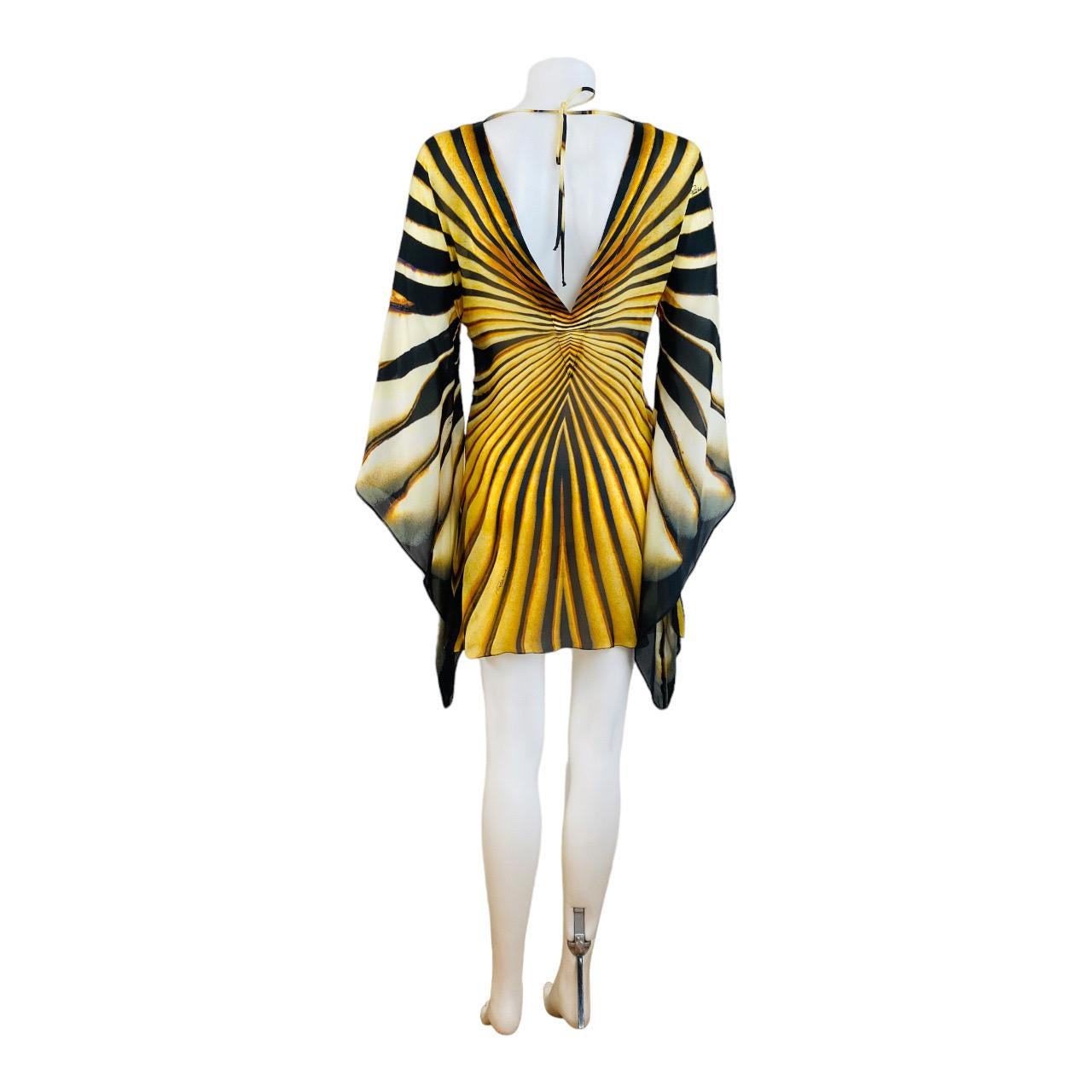 Vintage Roberto Cavalli 2007 Tiger Monarch Butterfly Mini Dress Angel Sleeves For Sale 5