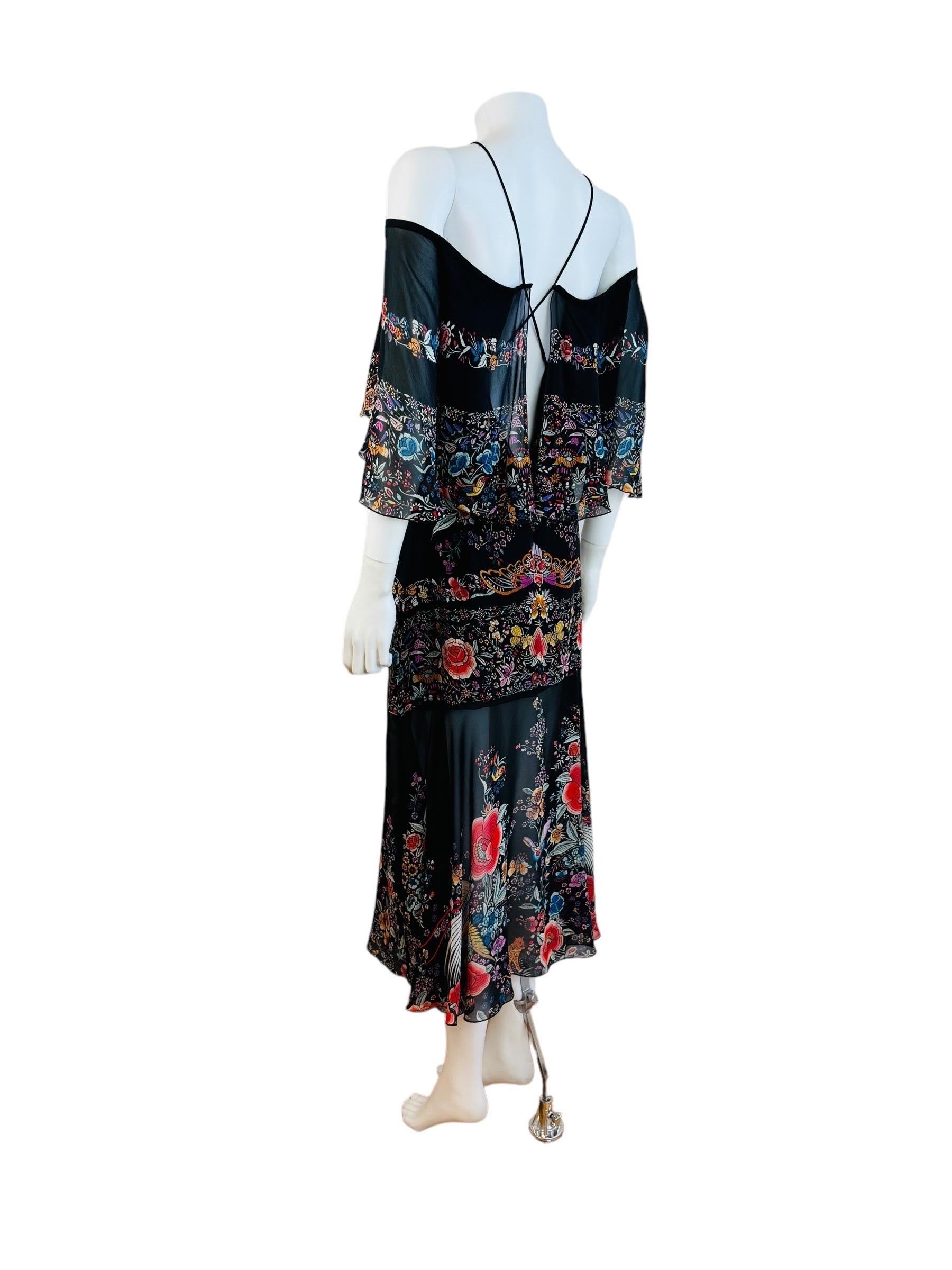 Vintage Roberto Cavalli 2017 Black Silk Floral Birds Off Shoulder Midi Dress For Sale 6