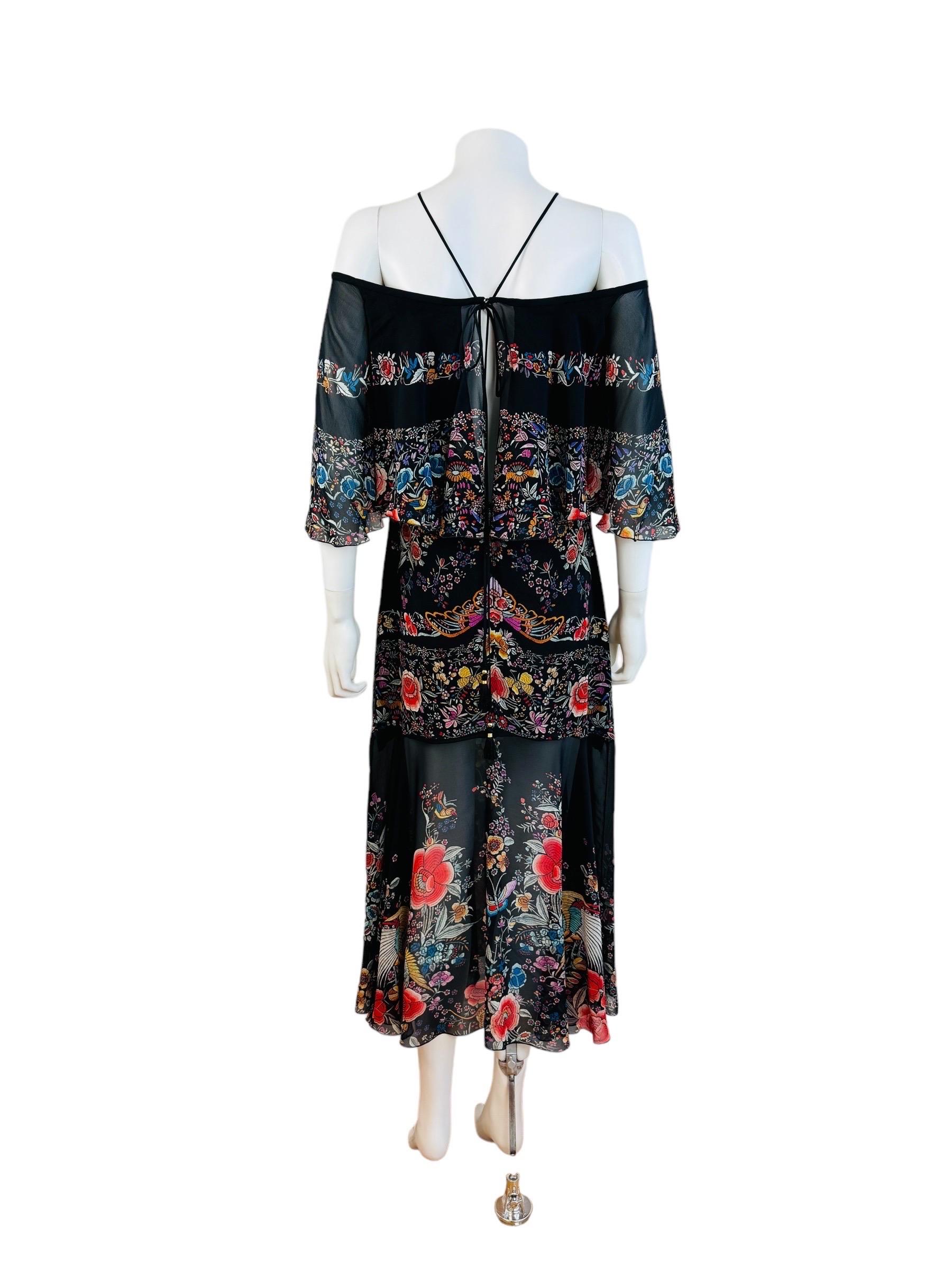 Vintage Roberto Cavalli 2017 Black Silk Floral Birds Off Shoulder Midi Dress For Sale 7