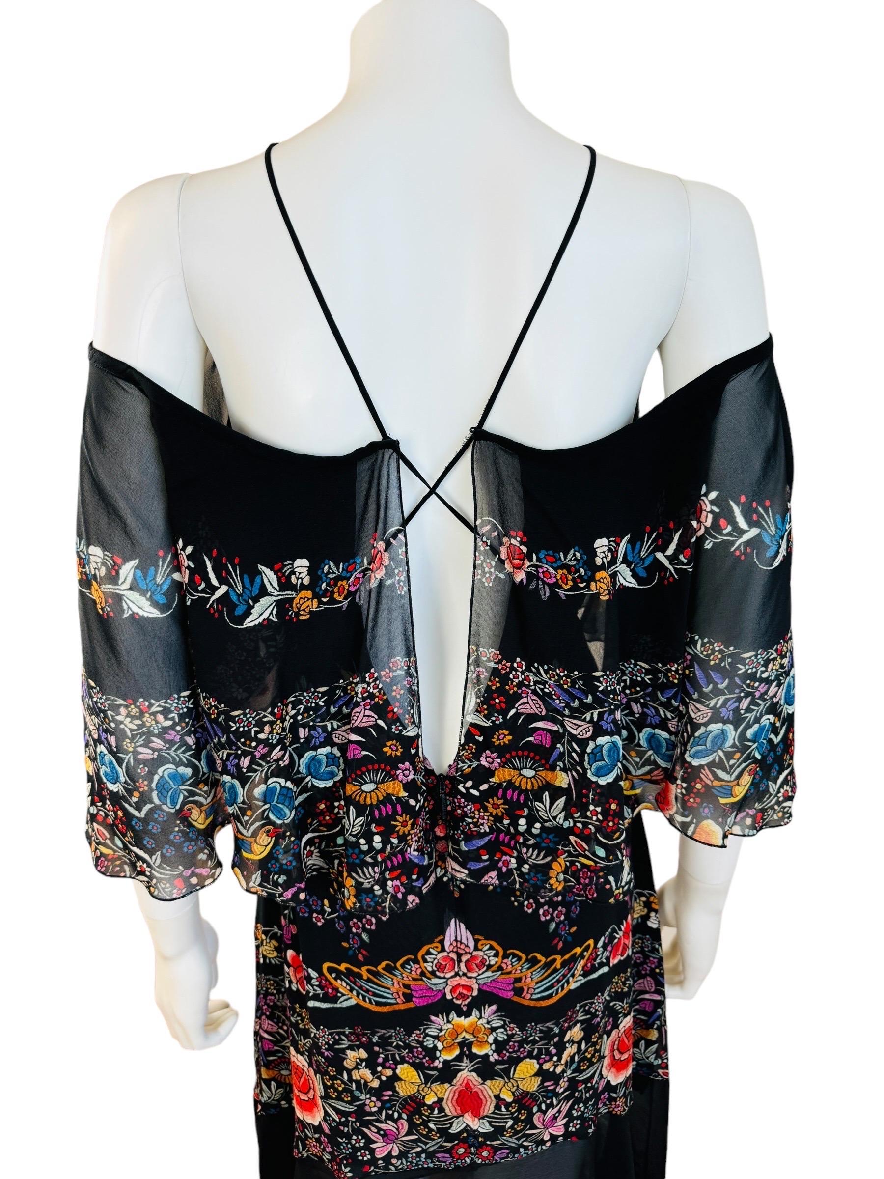 Vintage Roberto Cavalli 2017 Black Silk Floral Birds Off Shoulder Midi Dress For Sale 8